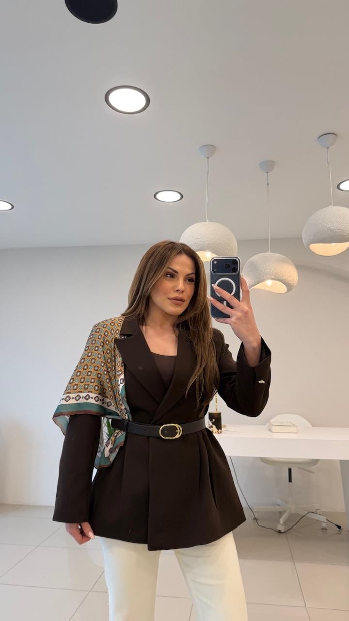 FULARLI BEL OTURTMALI BLAZER CEKET KAHVE