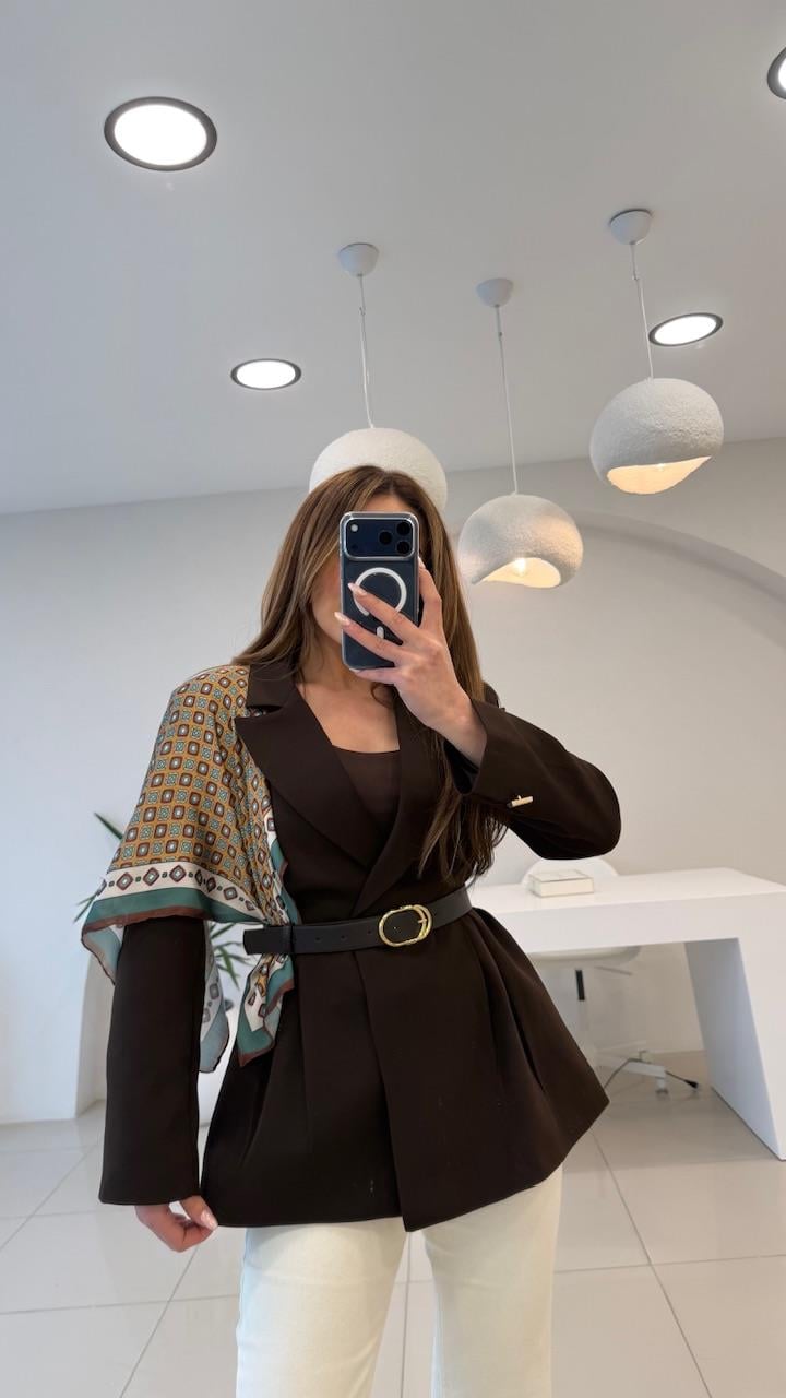 FULARLI BEL OTURTMALI BLAZER CEKET KAHVE