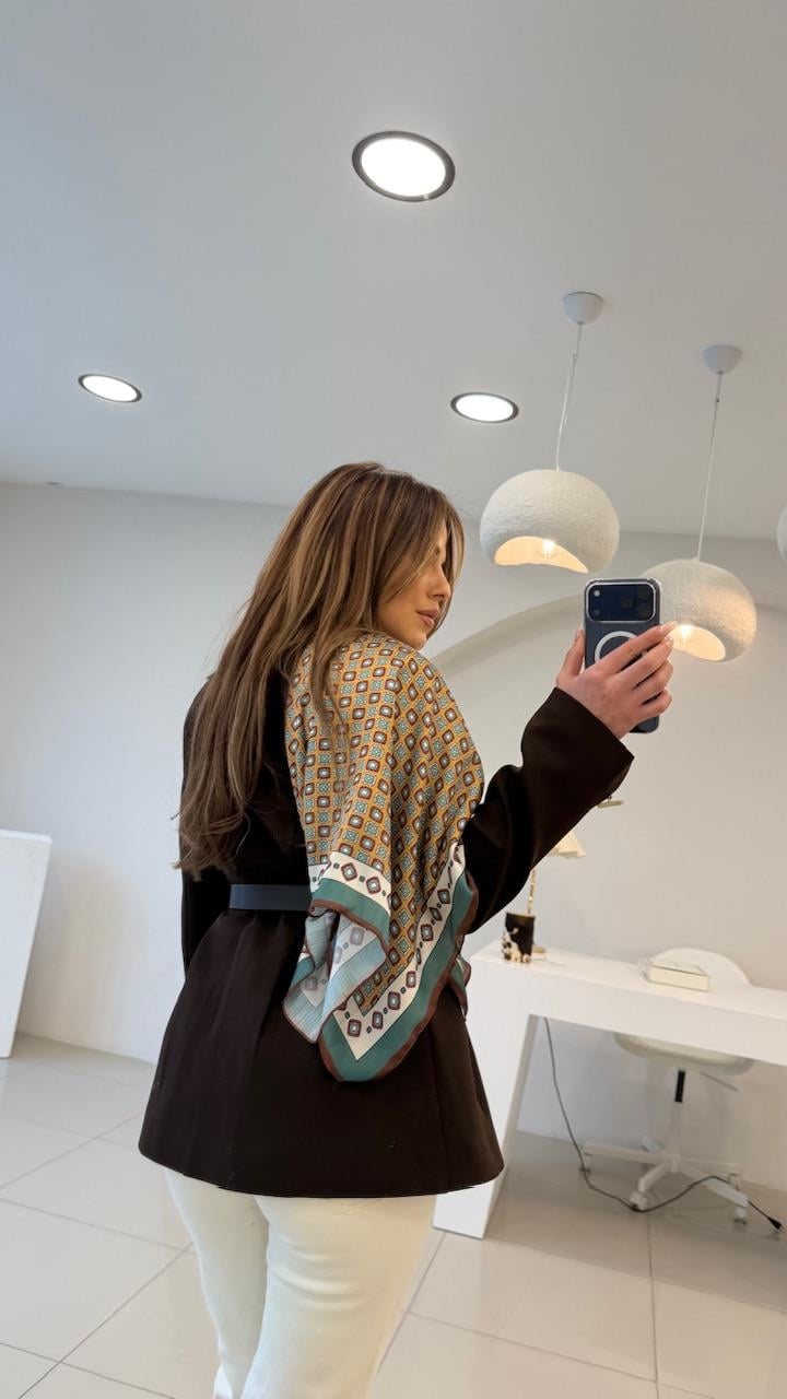 FULARLI BEL OTURTMALI BLAZER CEKET KAHVE