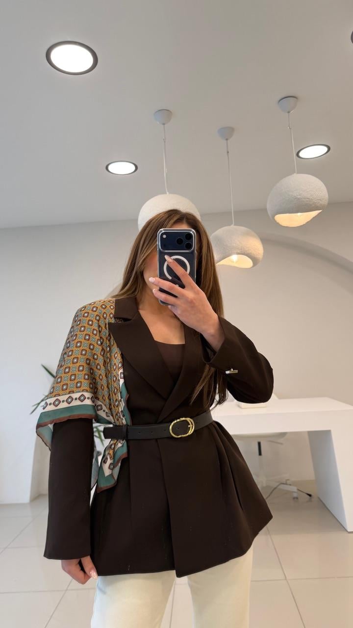 FULARLI BEL OTURTMALI BLAZER CEKET KAHVE
