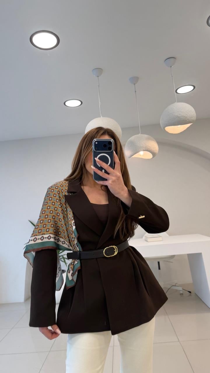 FULARLI BEL OTURTMALI BLAZER CEKET KAHVE