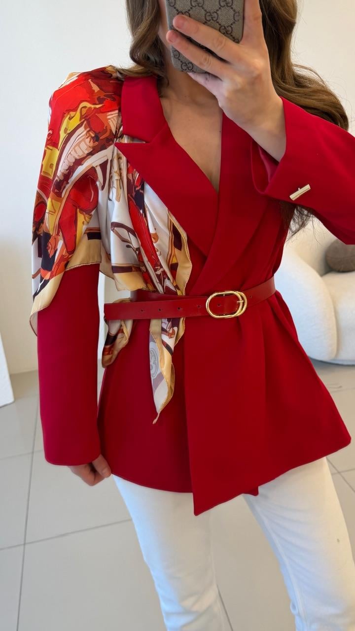 FULARLI BEL OTURTMALI BLAZER CEKET KIRMIZI