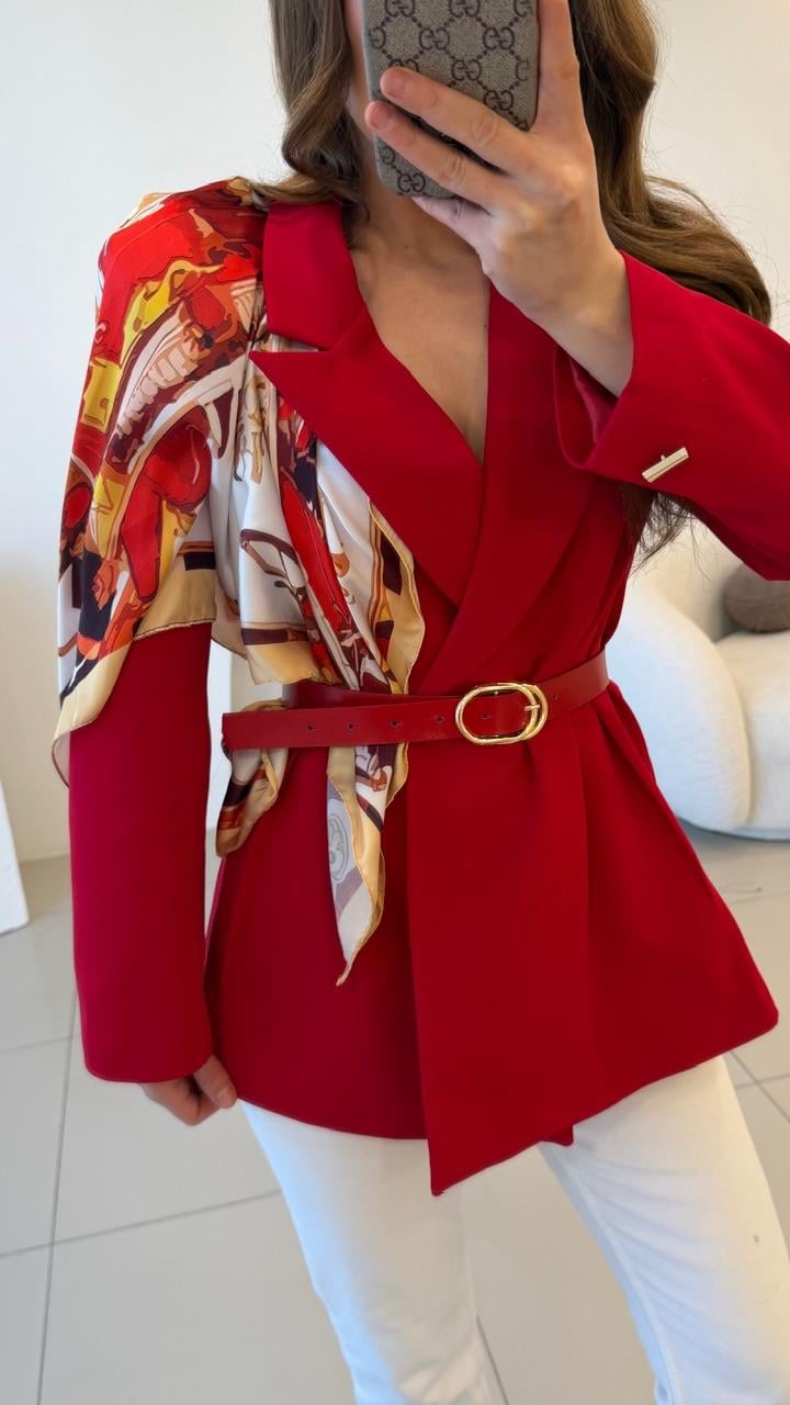 FULARLI BEL OTURTMALI BLAZER CEKET KIRMIZI