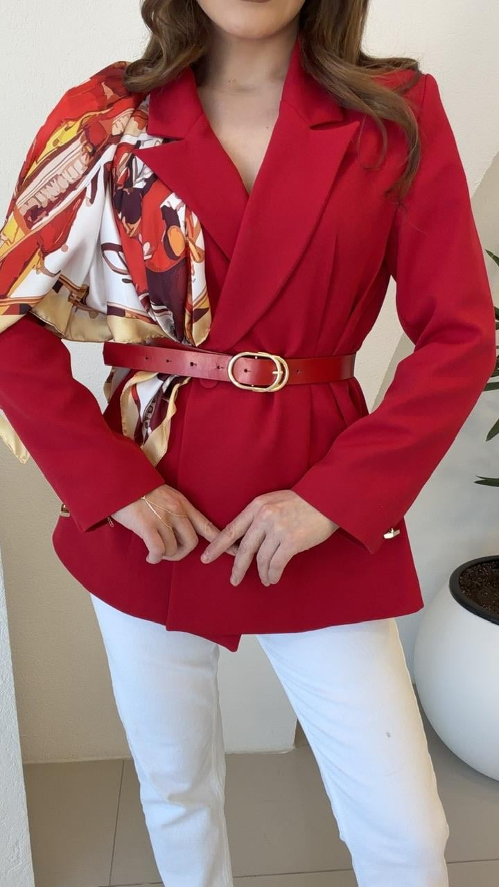 FULARLI BEL OTURTMALI BLAZER CEKET KIRMIZI
