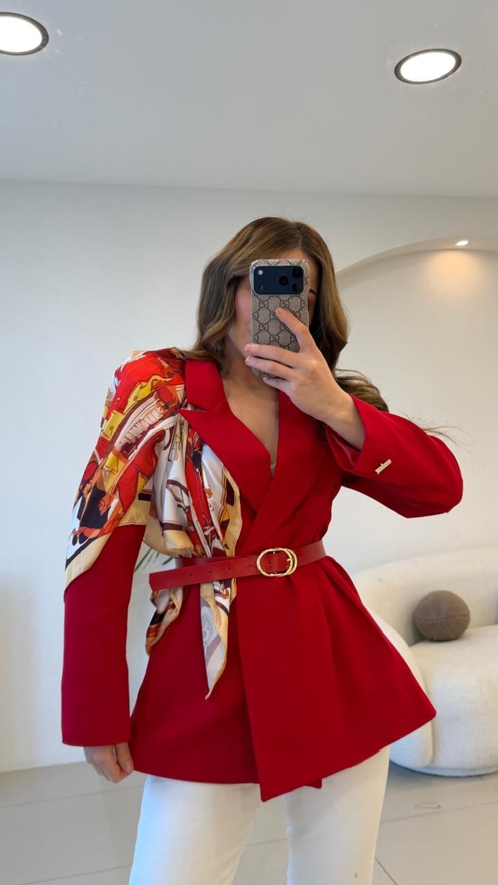 FULARLI BEL OTURTMALI BLAZER CEKET KIRMIZI