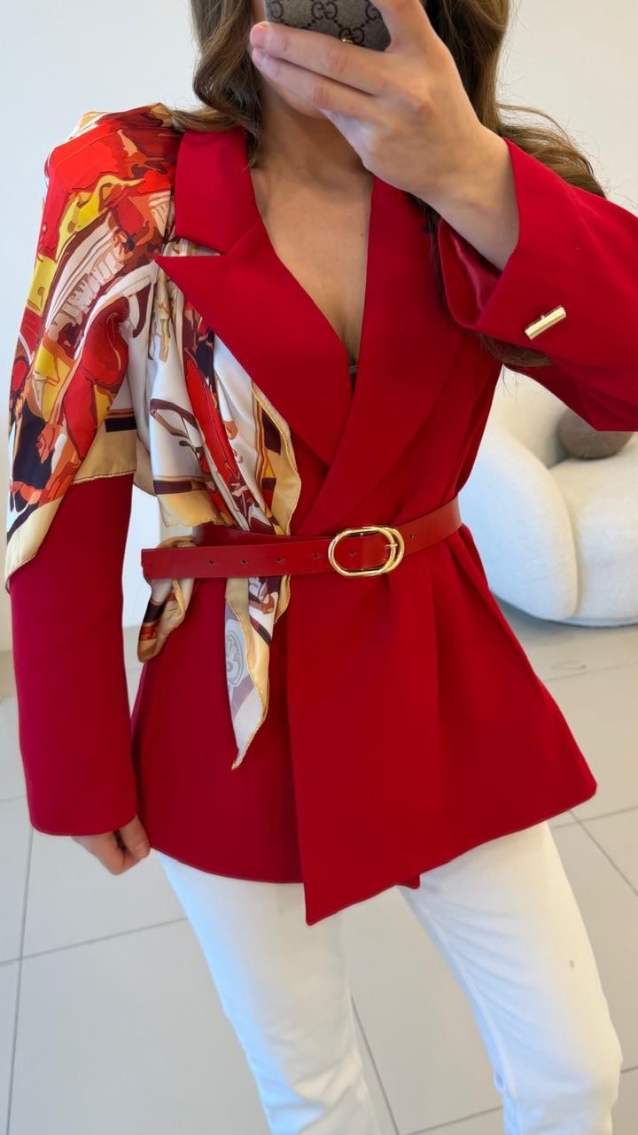 FULARLI BEL OTURTMALI BLAZER CEKET KIRMIZI