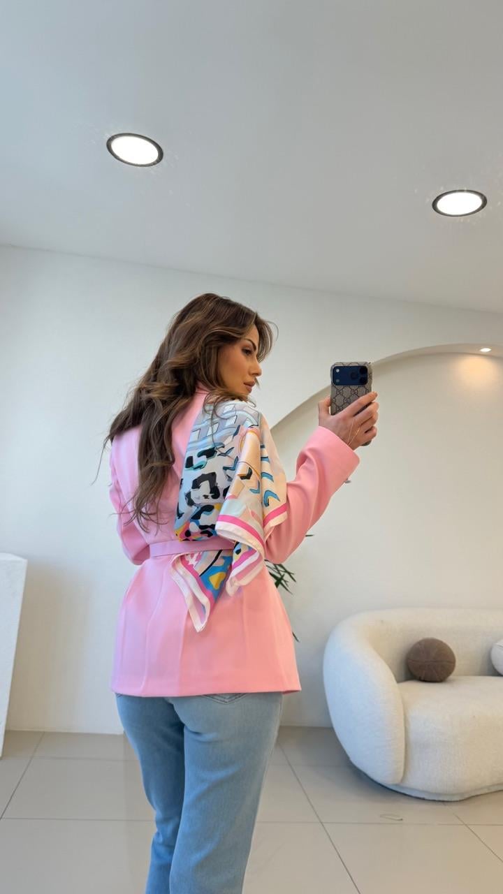 FULARLI BEL OTURTMALI BLAZER CEKET PEMBE