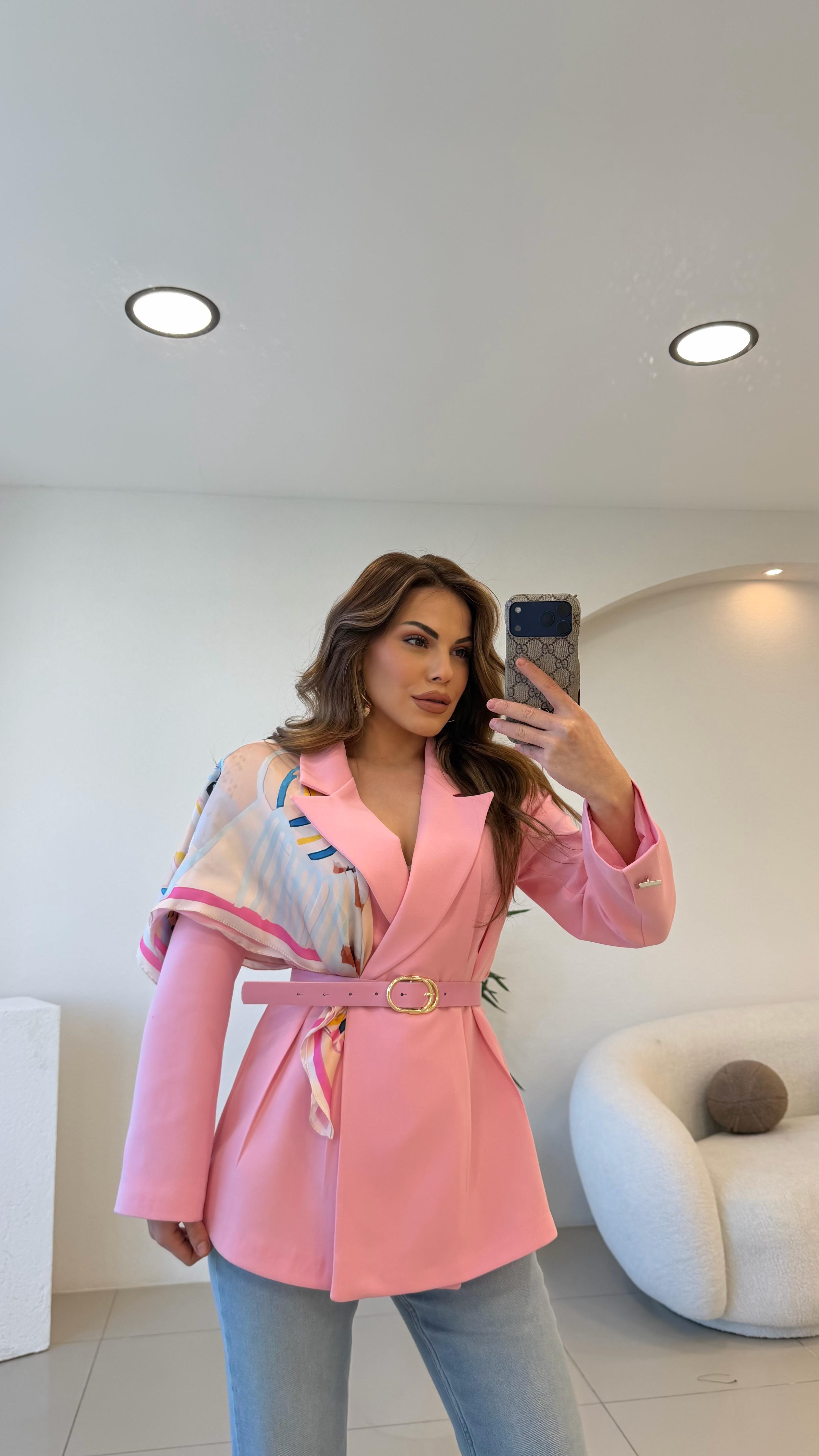 FULARLI BEL OTURTMALI BLAZER CEKET PEMBE
