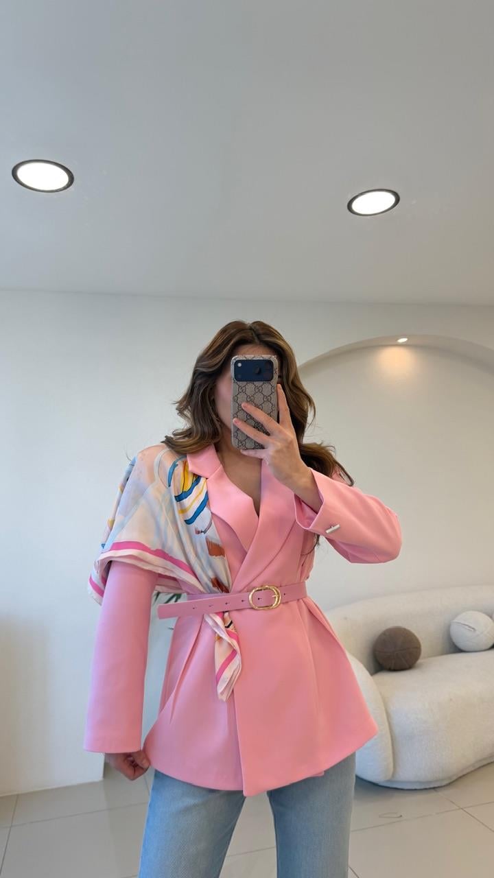 FULARLI BEL OTURTMALI BLAZER CEKET PEMBE