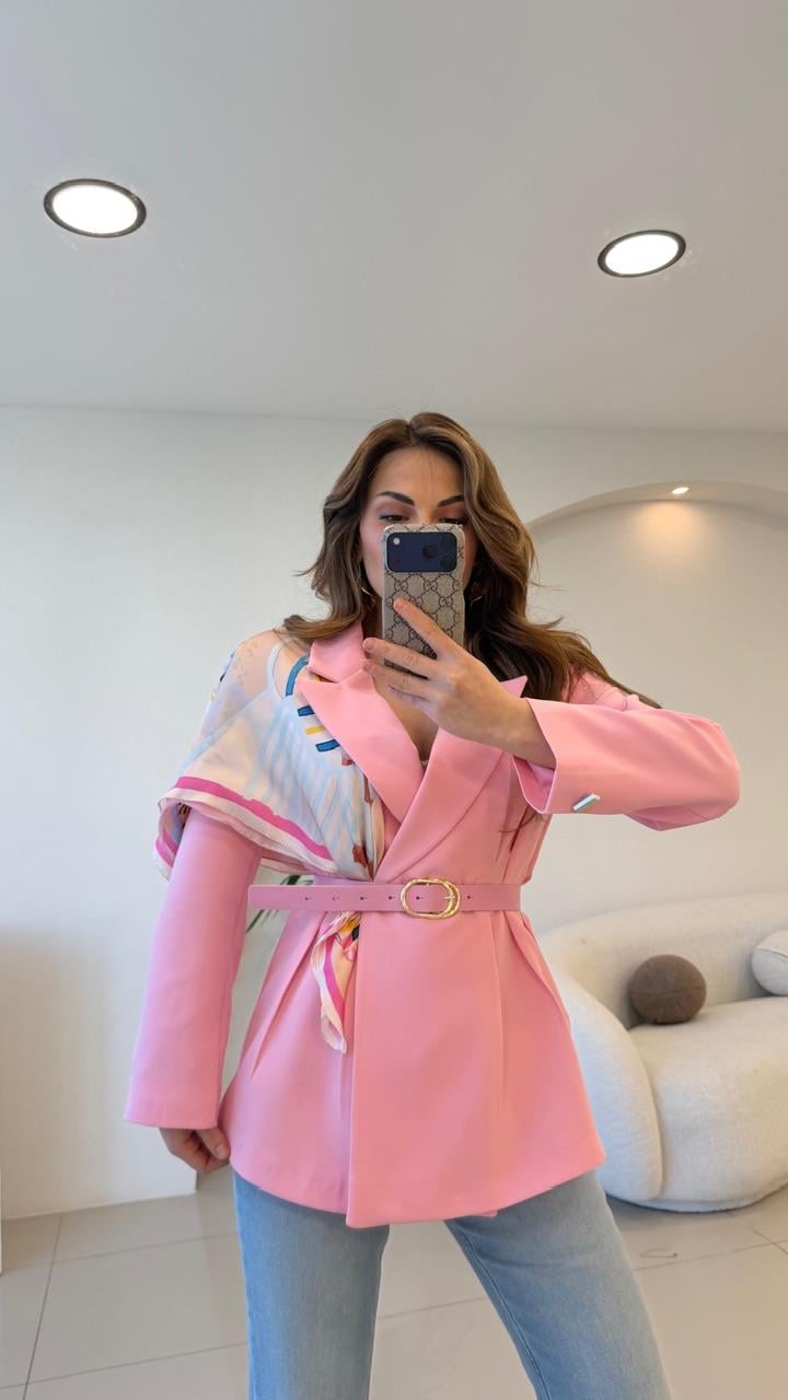 FULARLI BEL OTURTMALI BLAZER CEKET PEMBE
