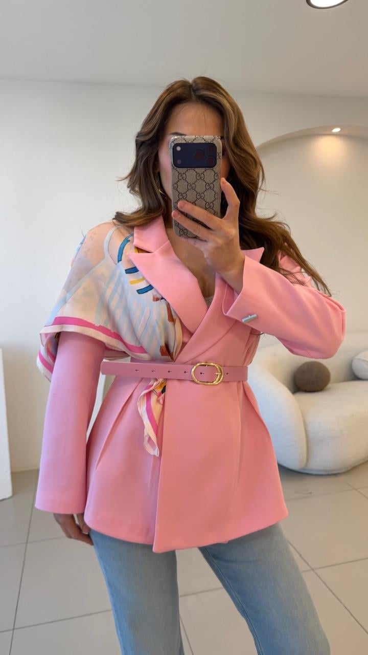 FULARLI BEL OTURTMALI BLAZER CEKET PEMBE