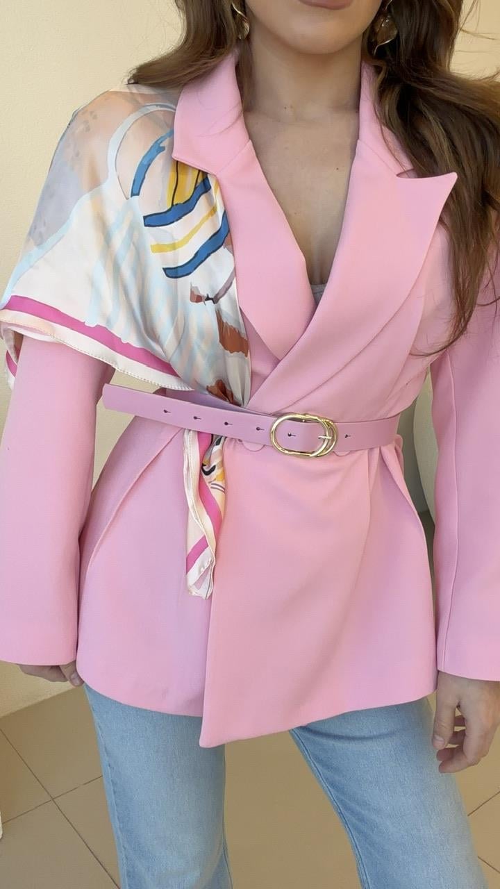 FULARLI BEL OTURTMALI BLAZER CEKET PEMBE