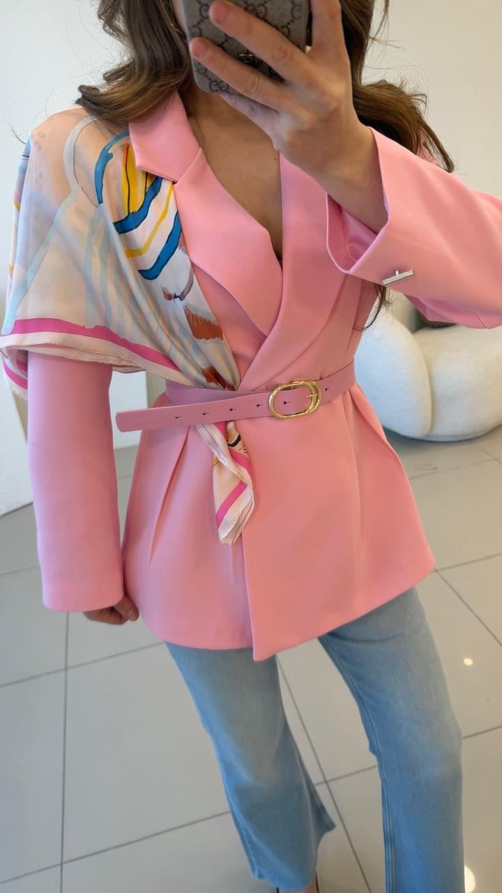 FULARLI BEL OTURTMALI BLAZER CEKET PEMBE