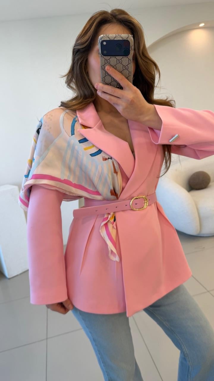 FULARLI BEL OTURTMALI BLAZER CEKET PEMBE