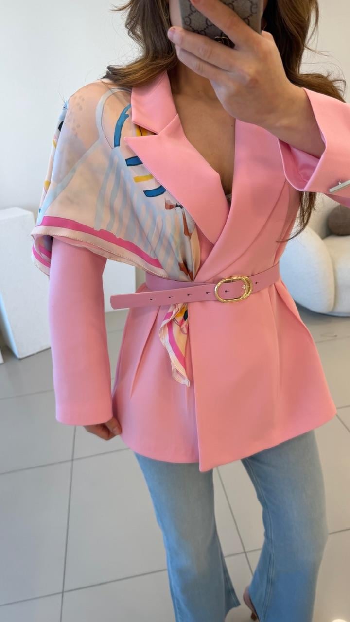 FULARLI BEL OTURTMALI BLAZER CEKET PEMBE