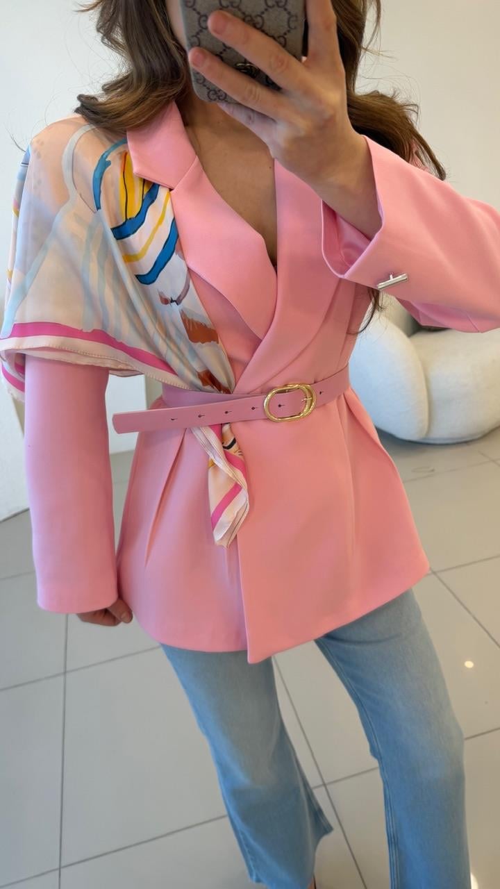 FULARLI BEL OTURTMALI BLAZER CEKET PEMBE