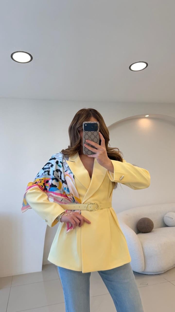 FULARLI BEL OTURTMALI BLAZER CEKET SARI