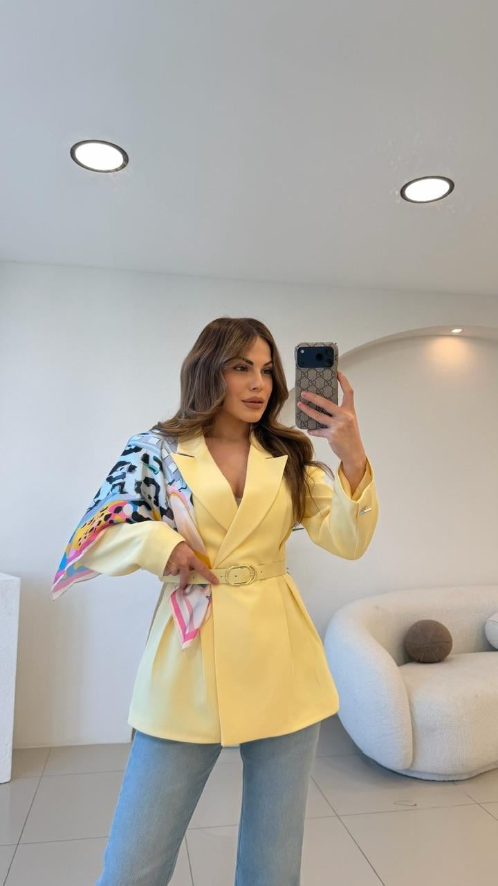 FULARLI BEL OTURTMALI BLAZER CEKET SARI