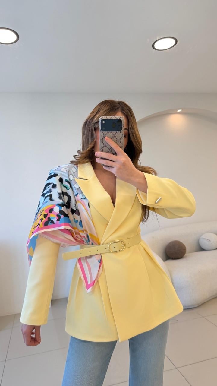 FULARLI BEL OTURTMALI BLAZER CEKET SARI