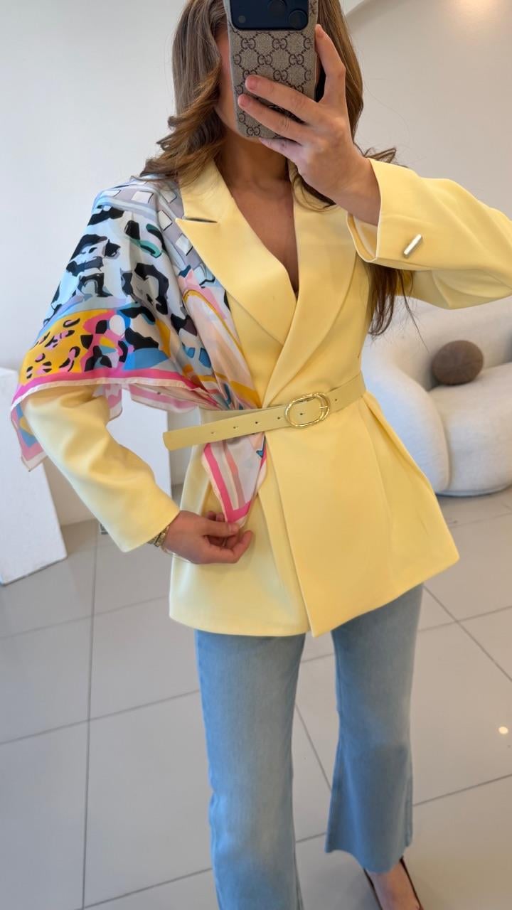 FULARLI BEL OTURTMALI BLAZER CEKET SARI
