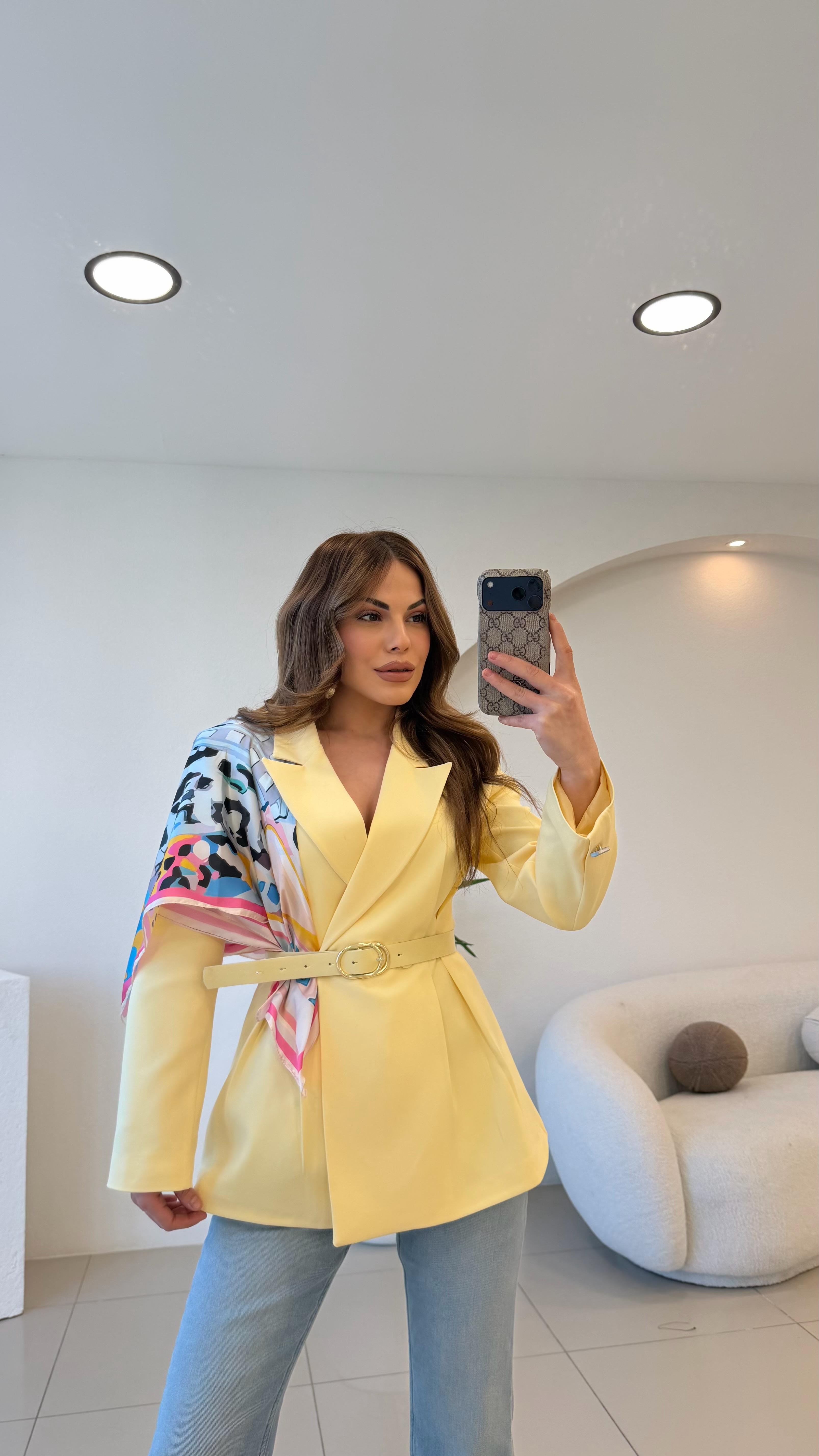 FULARLI BEL OTURTMALI BLAZER CEKET SARI