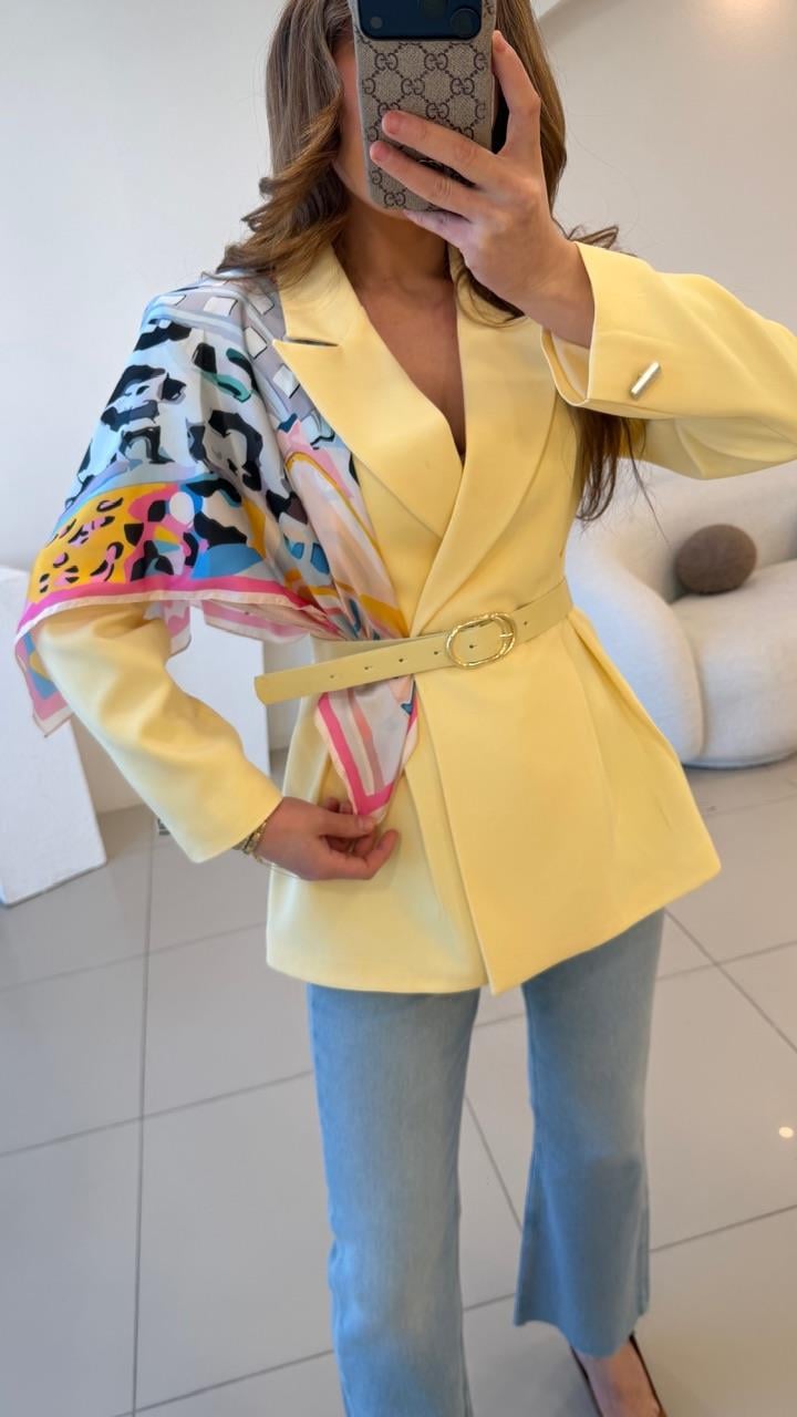 FULARLI BEL OTURTMALI BLAZER CEKET SARI