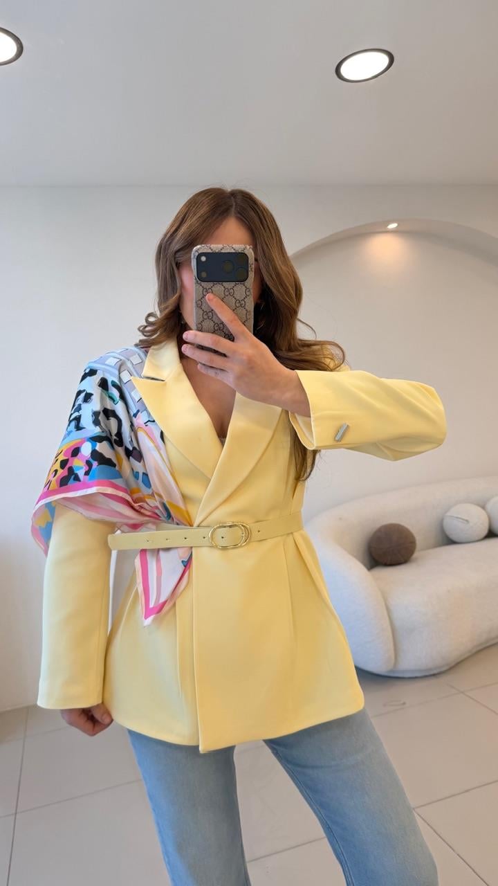 FULARLI BEL OTURTMALI BLAZER CEKET SARI