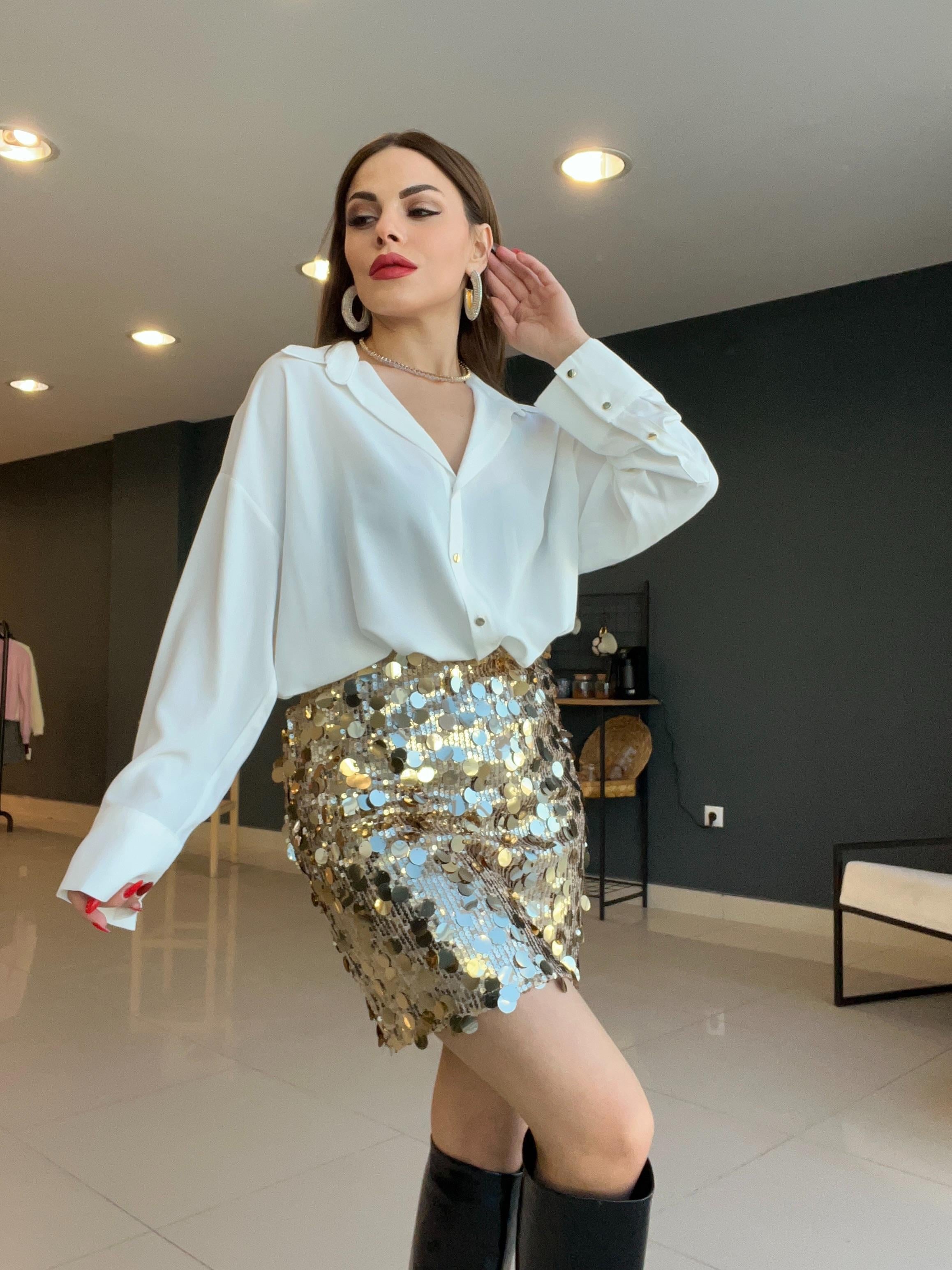 GOLD DÜĞMELİ GREP GÖMLEK BEYAZ