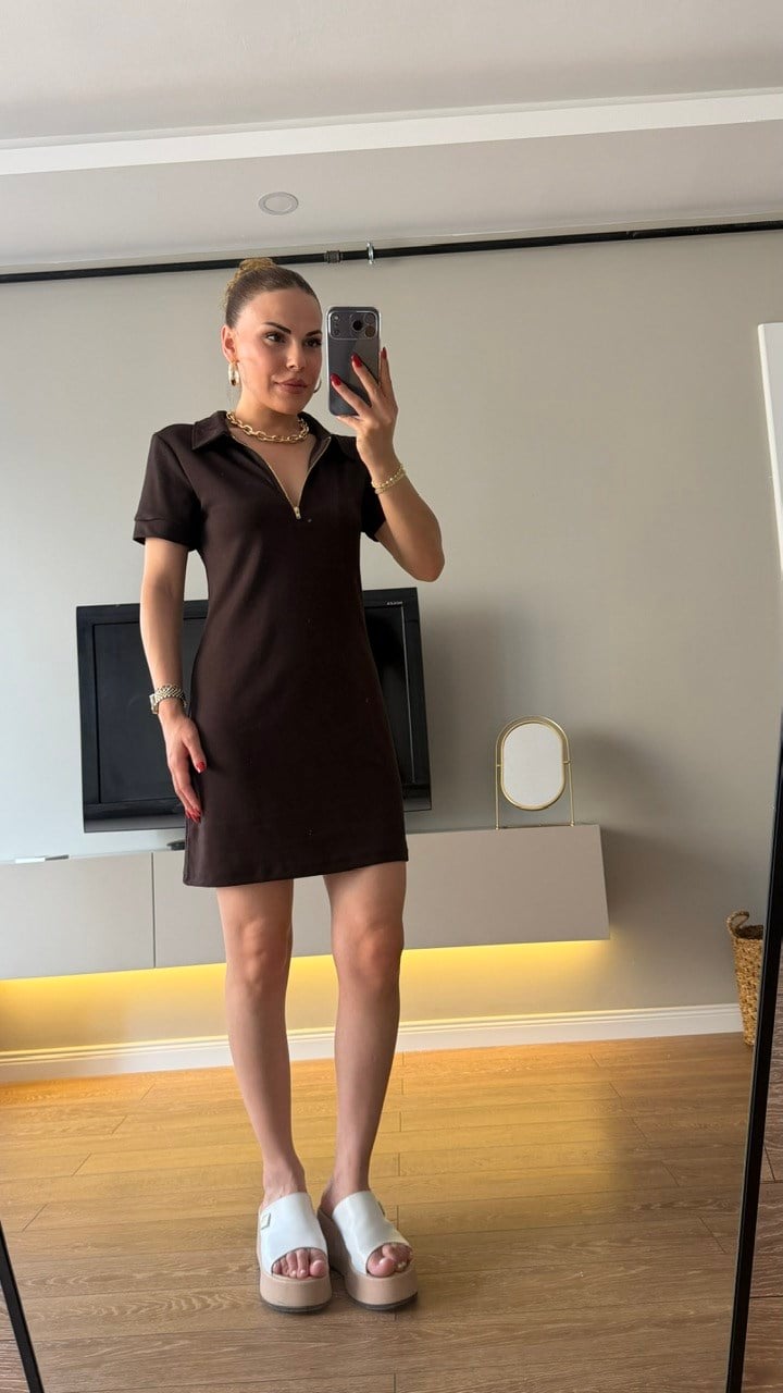 Gold Fermuarlı Polo Yaka Elbise Kahve