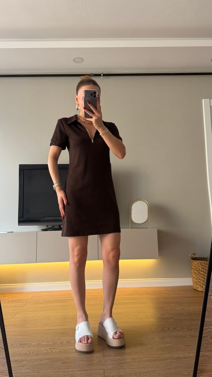 Gold Fermuarlı Polo Yaka Elbise Kahve