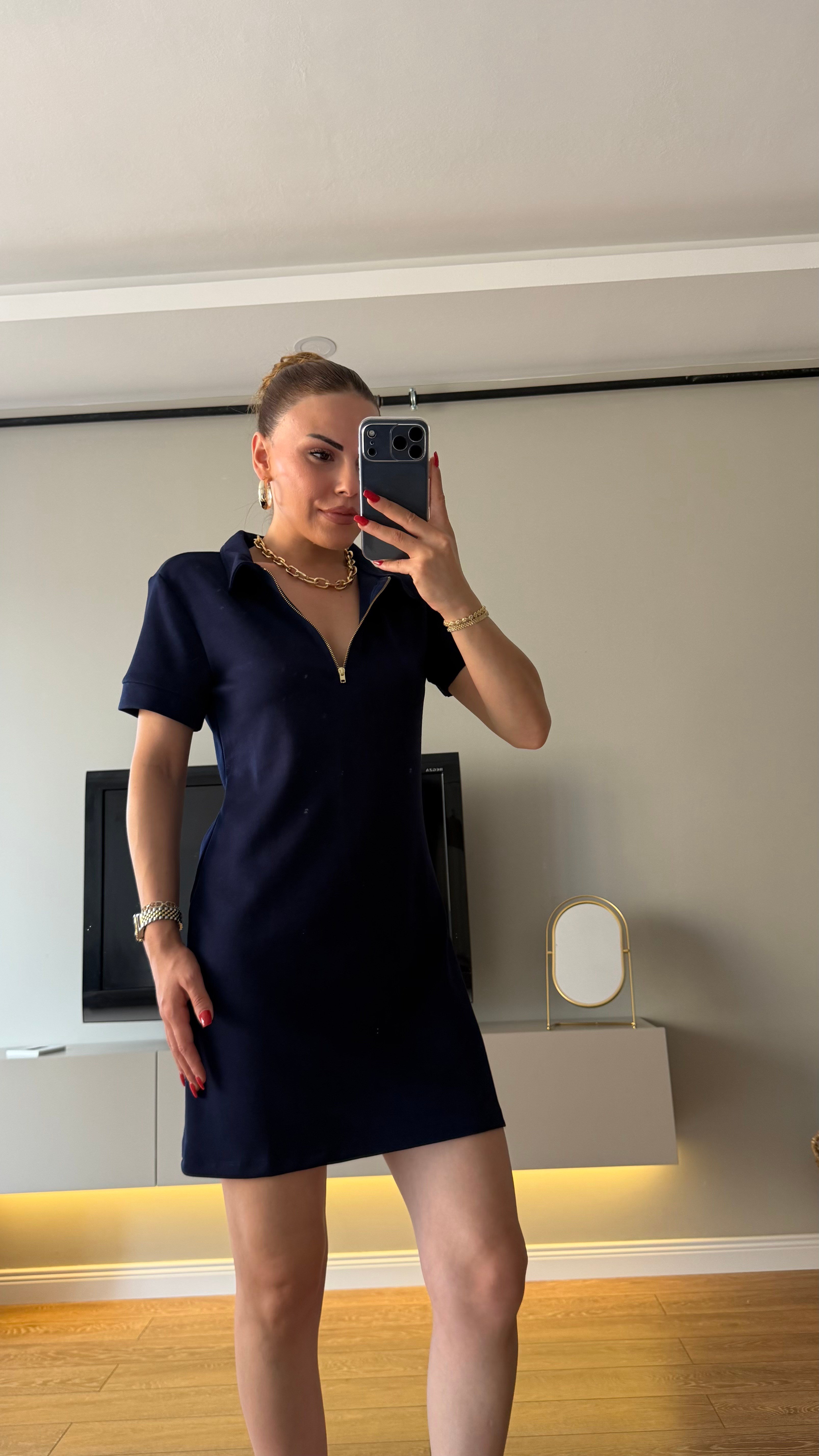 Gold Fermuarlı Polo Yaka Elbise Lacivert