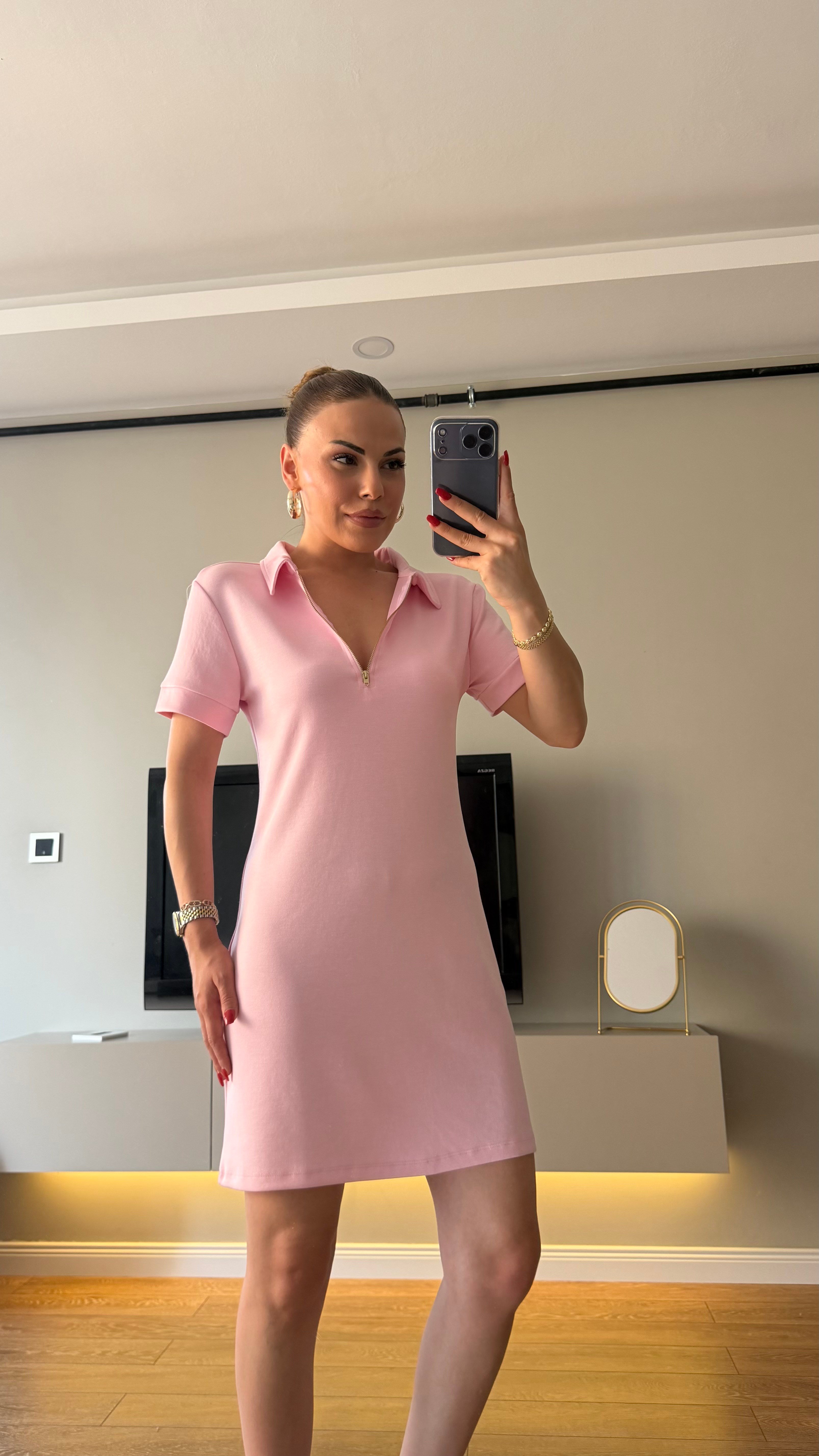 Gold Fermuarlı Polo Yaka Elbise Pembe