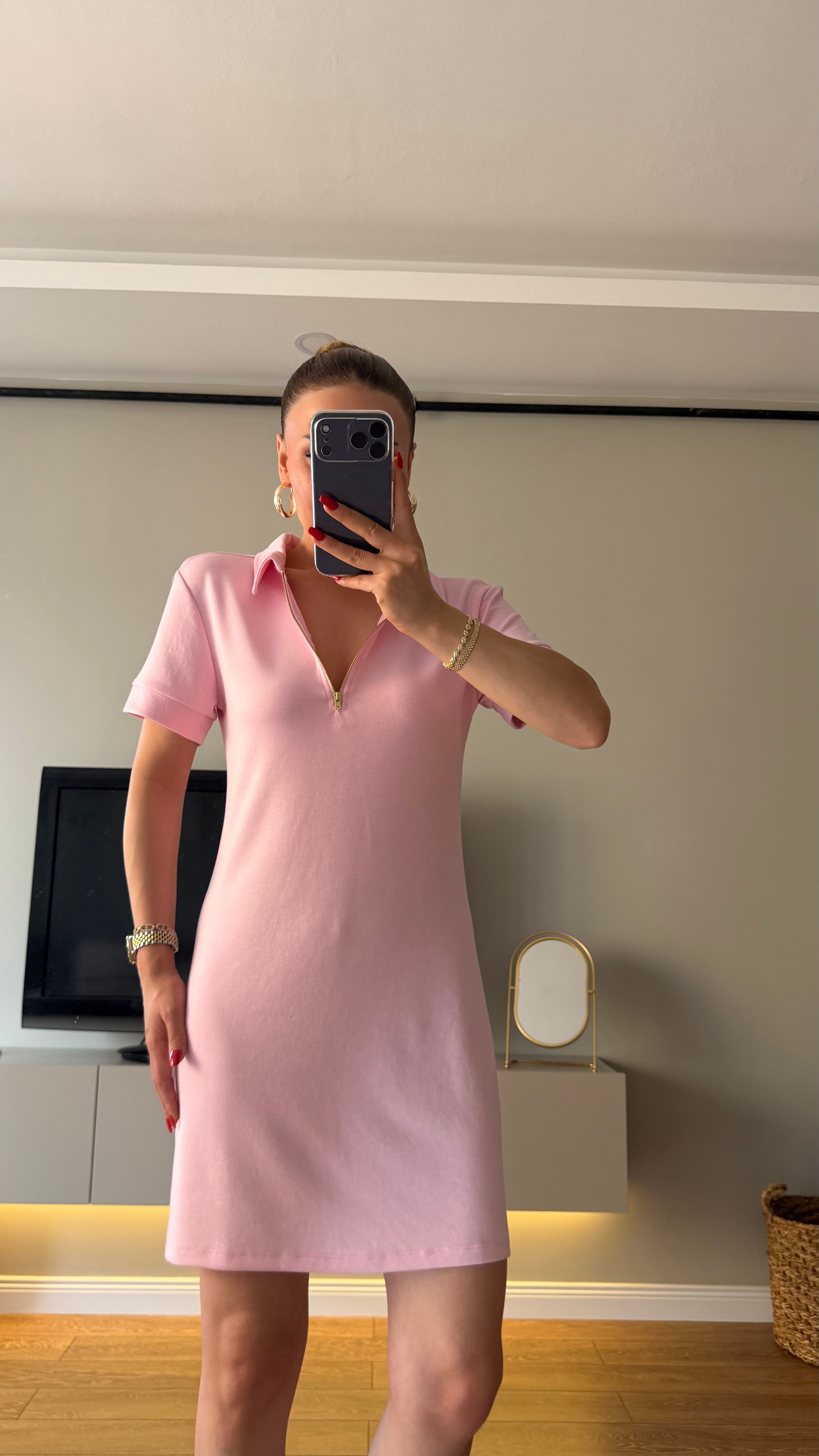 Gold Fermuarlı Polo Yaka Elbise Pembe