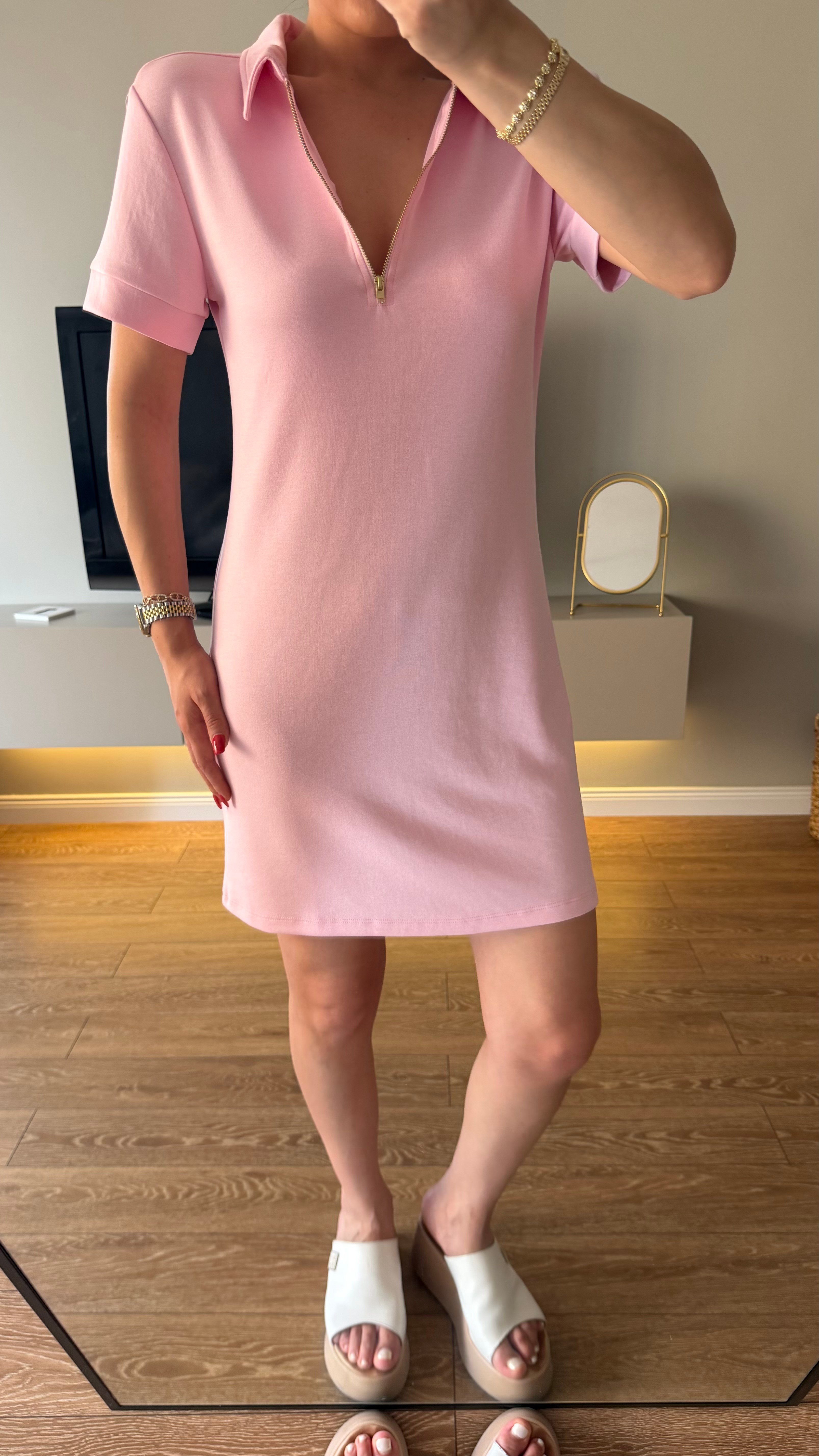 Gold Fermuarlı Polo Yaka Elbise Pembe