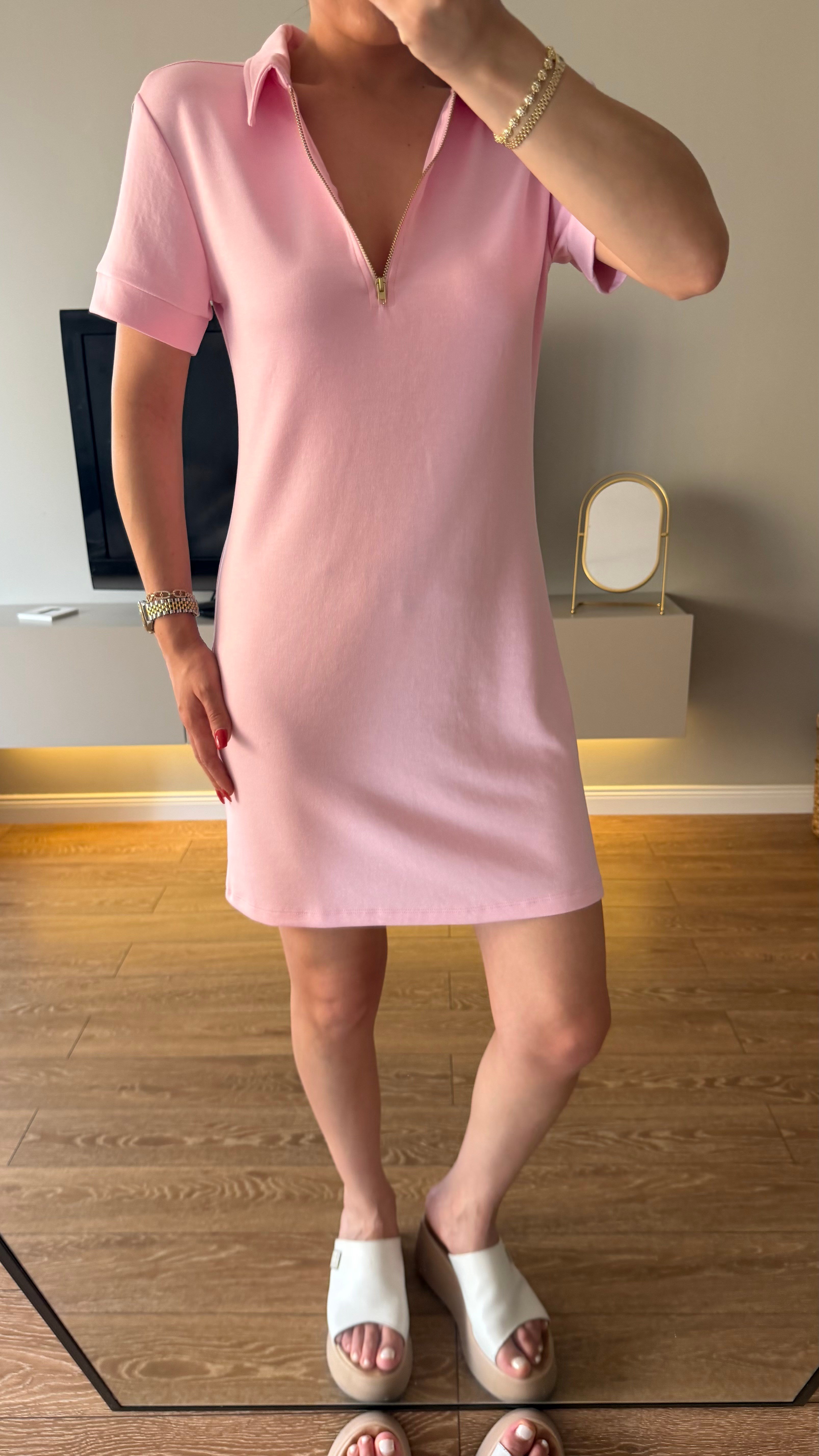 Gold Fermuarlı Polo Yaka Elbise Pembe