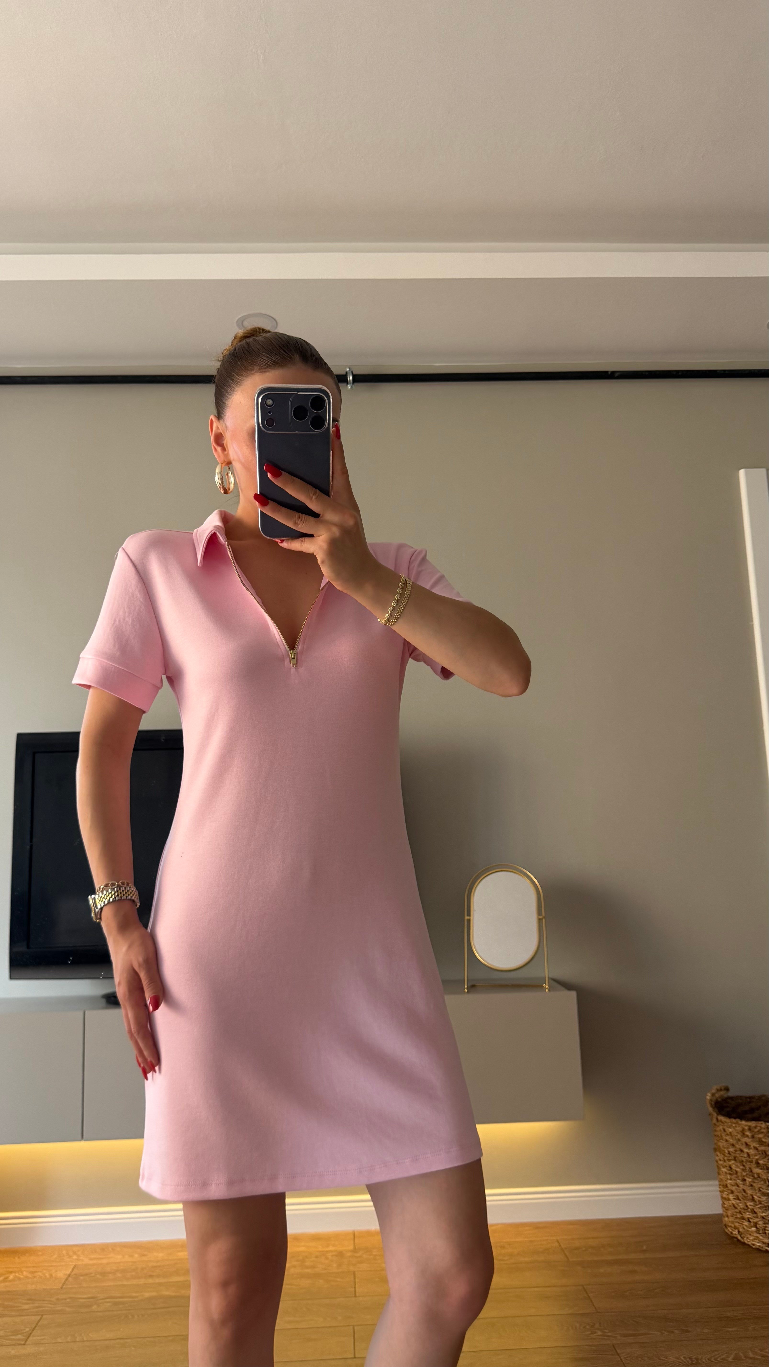 Gold Fermuarlı Polo Yaka Elbise Pembe