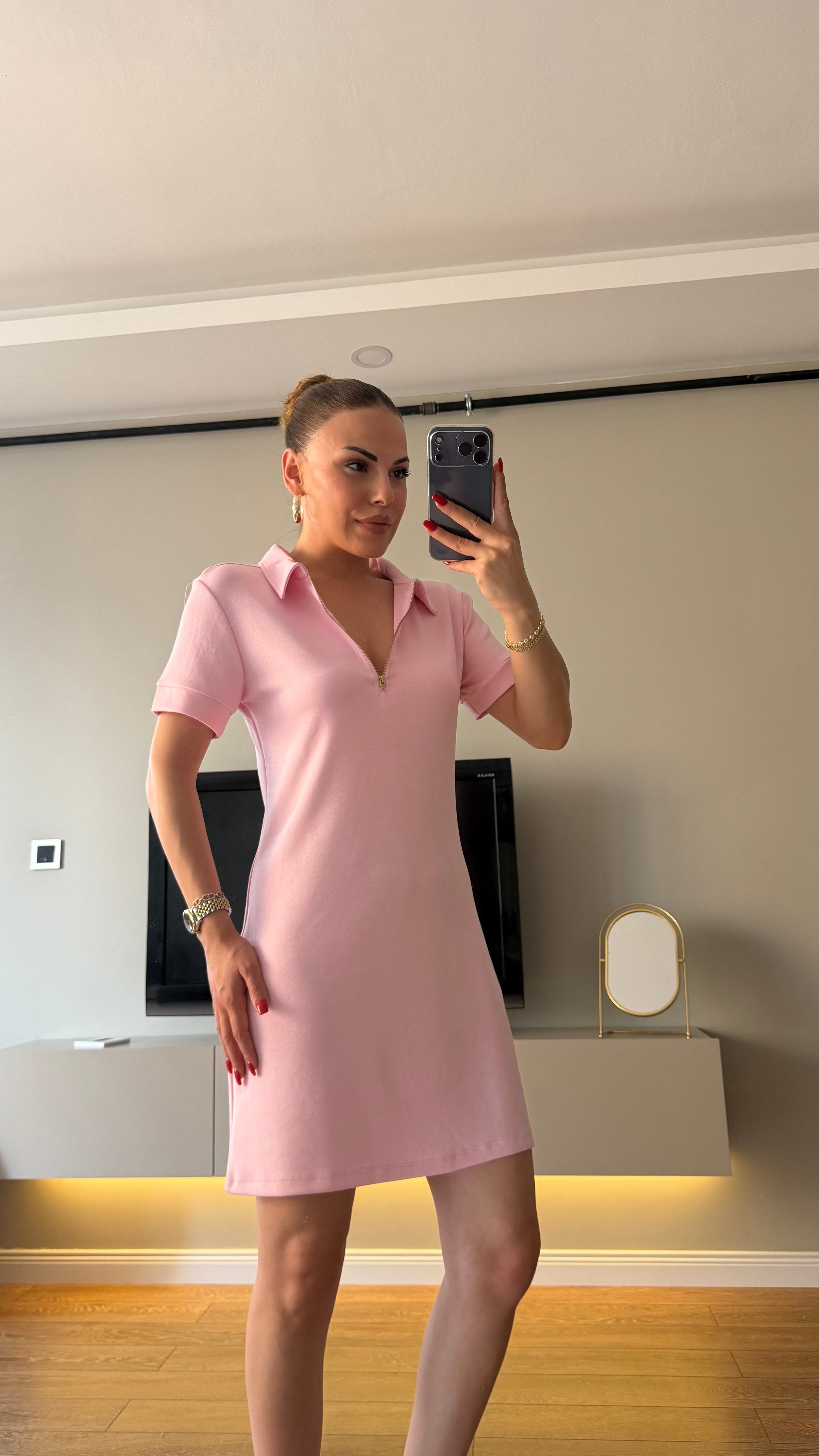 Gold Fermuarlı Polo Yaka Elbise Pembe