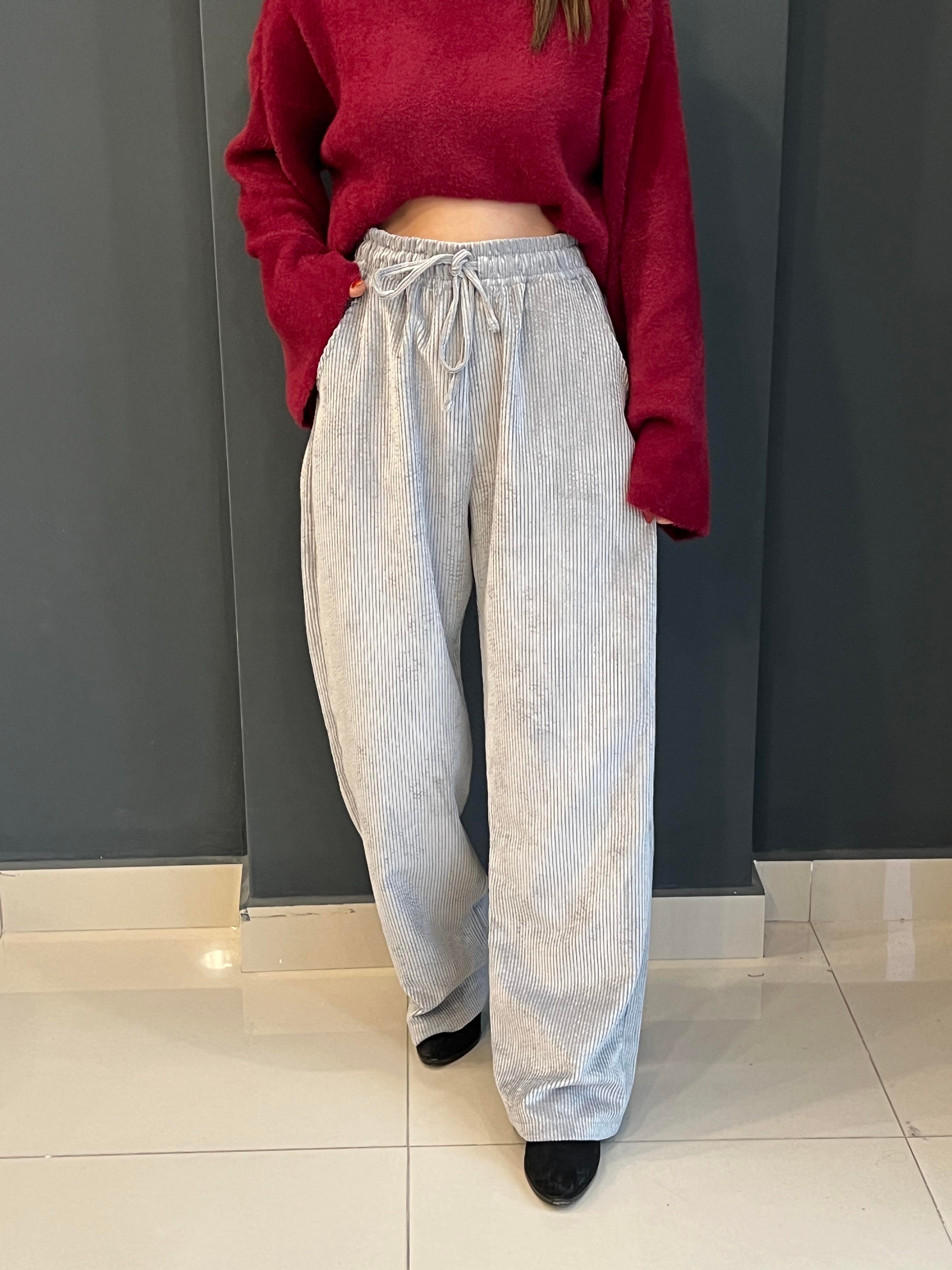 GRİ BELİ LASTİKLİ FİTİLLİ KADİFE PANTOLON 