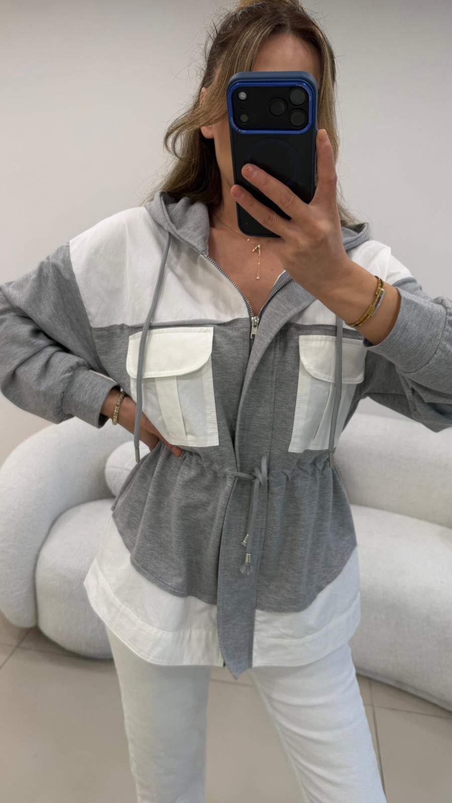 GRİ-BEYAZ KAPŞONLU POPLİN SWEAT