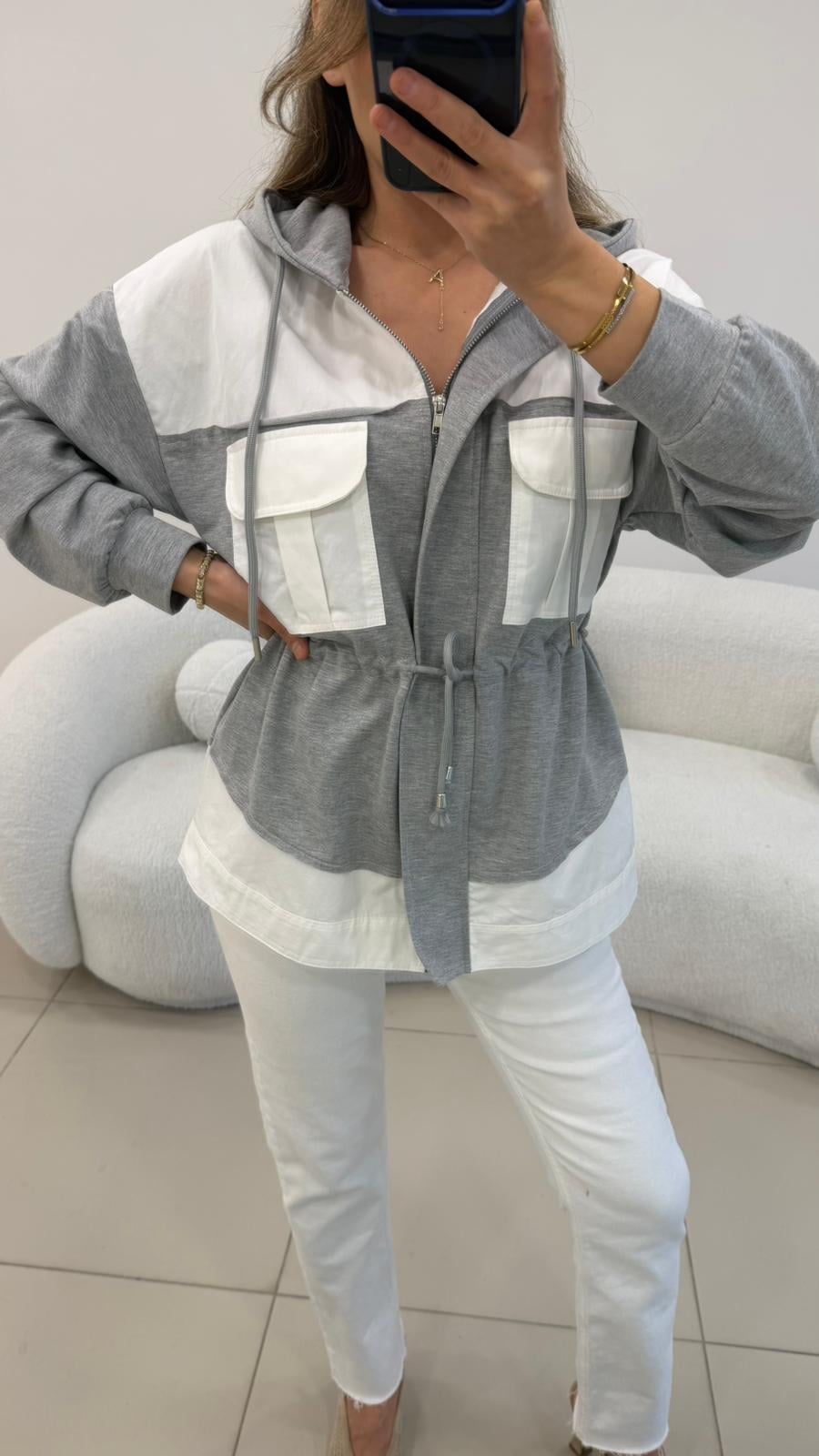 GRİ-BEYAZ KAPŞONLU POPLİN SWEAT