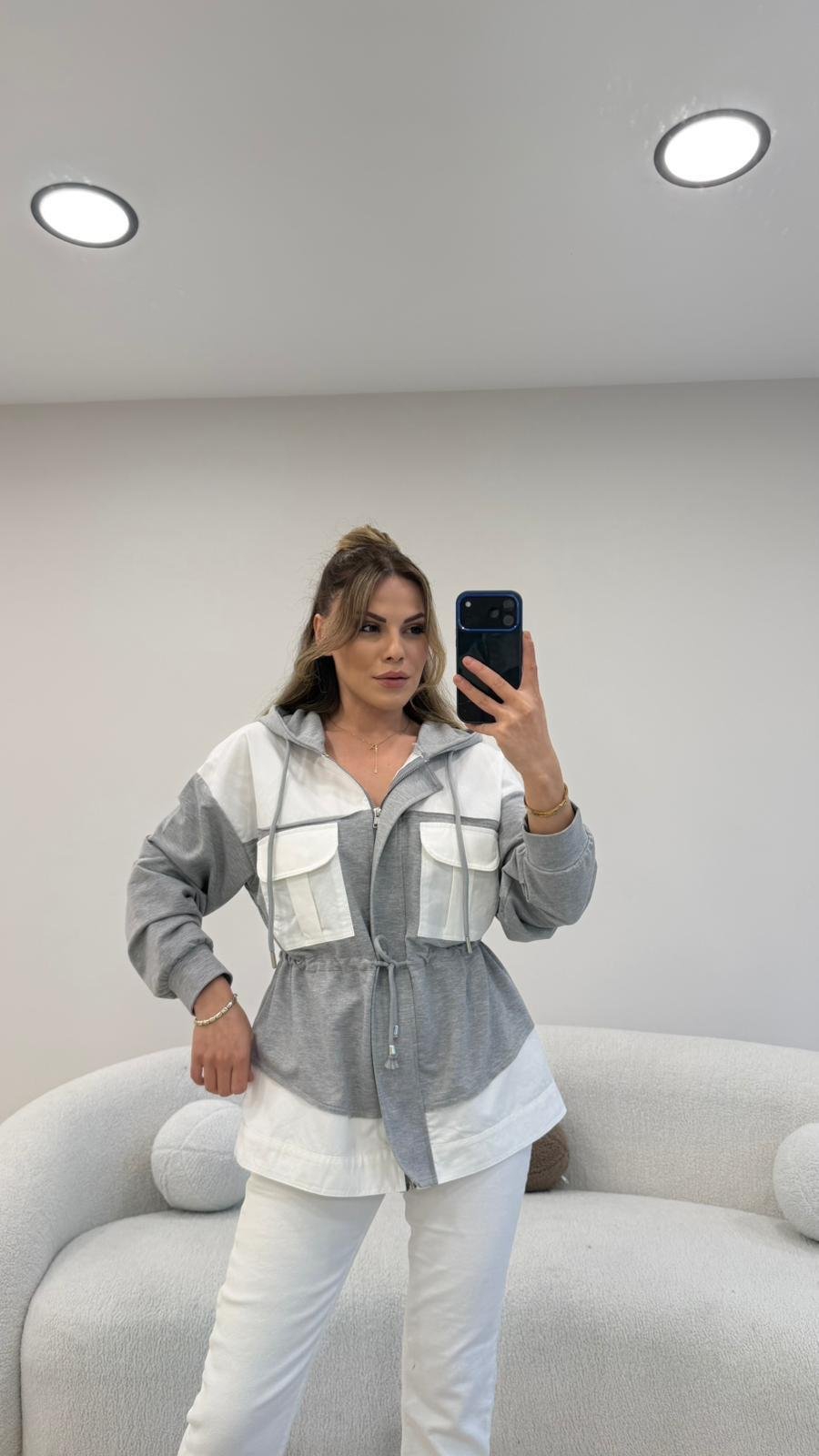 GRİ-BEYAZ KAPŞONLU POPLİN SWEAT