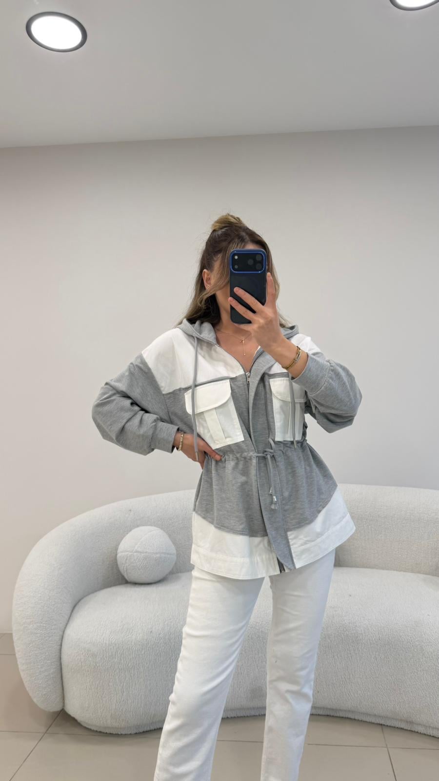 GRİ-BEYAZ KAPŞONLU POPLİN SWEAT