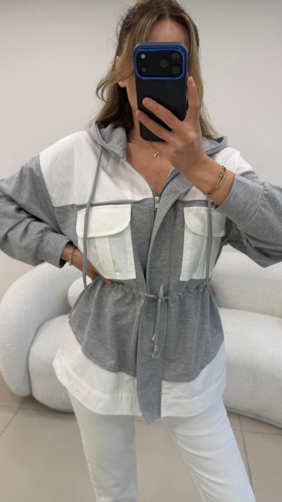 GRİ-BEYAZ KAPŞONLU POPLİN SWEAT