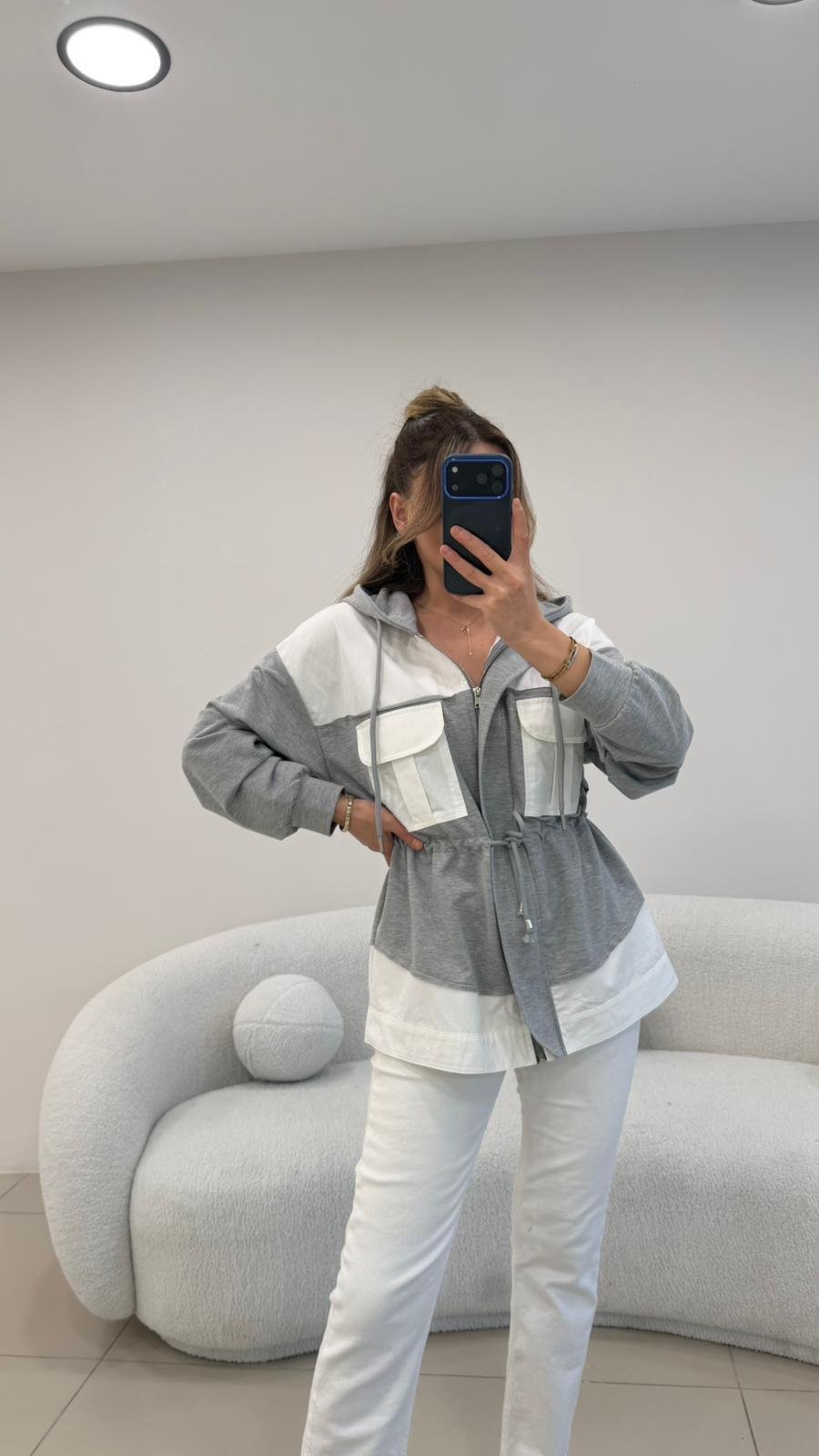 GRİ-BEYAZ KAPŞONLU POPLİN SWEAT