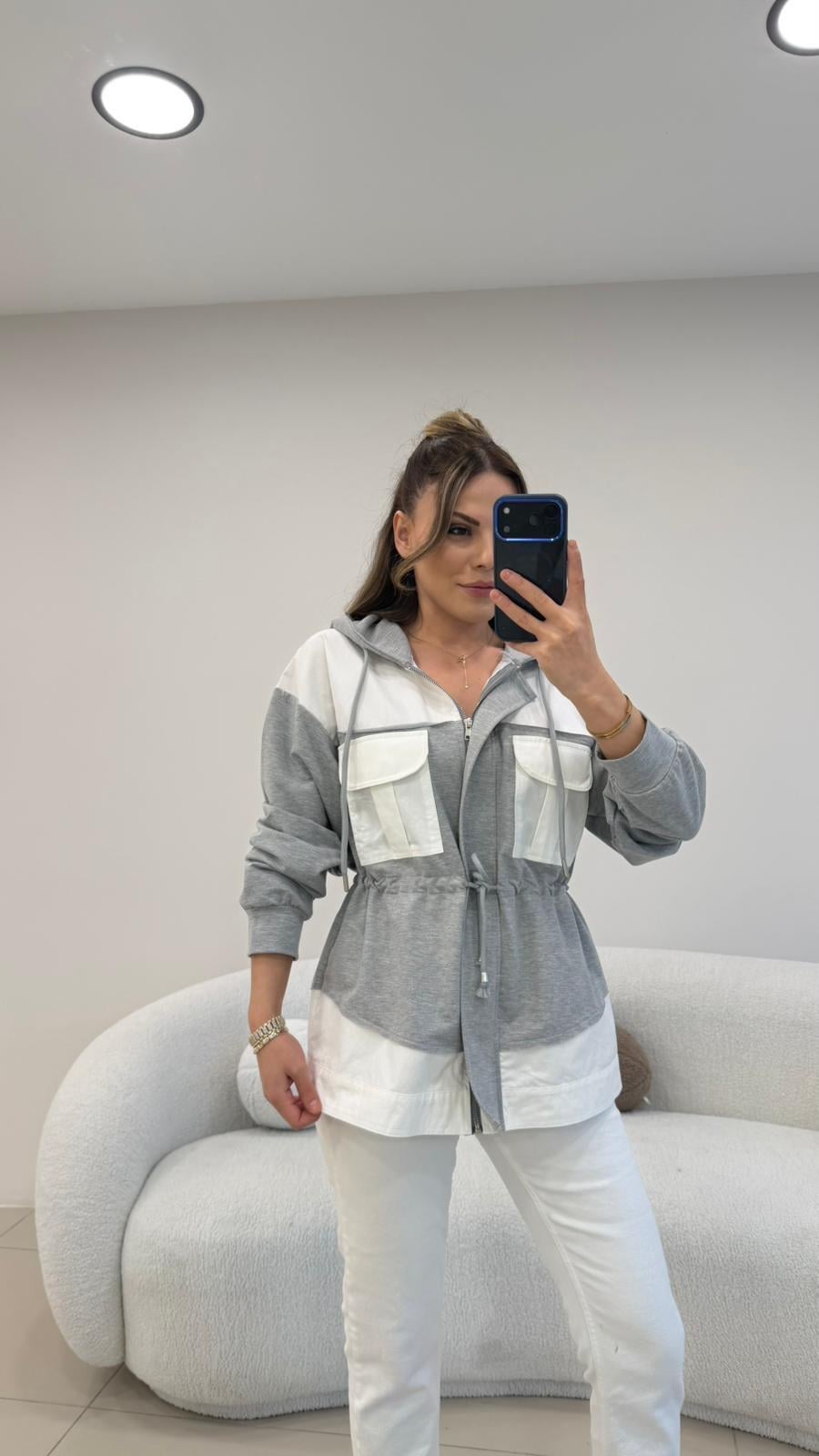 GRİ-BEYAZ KAPŞONLU POPLİN SWEAT