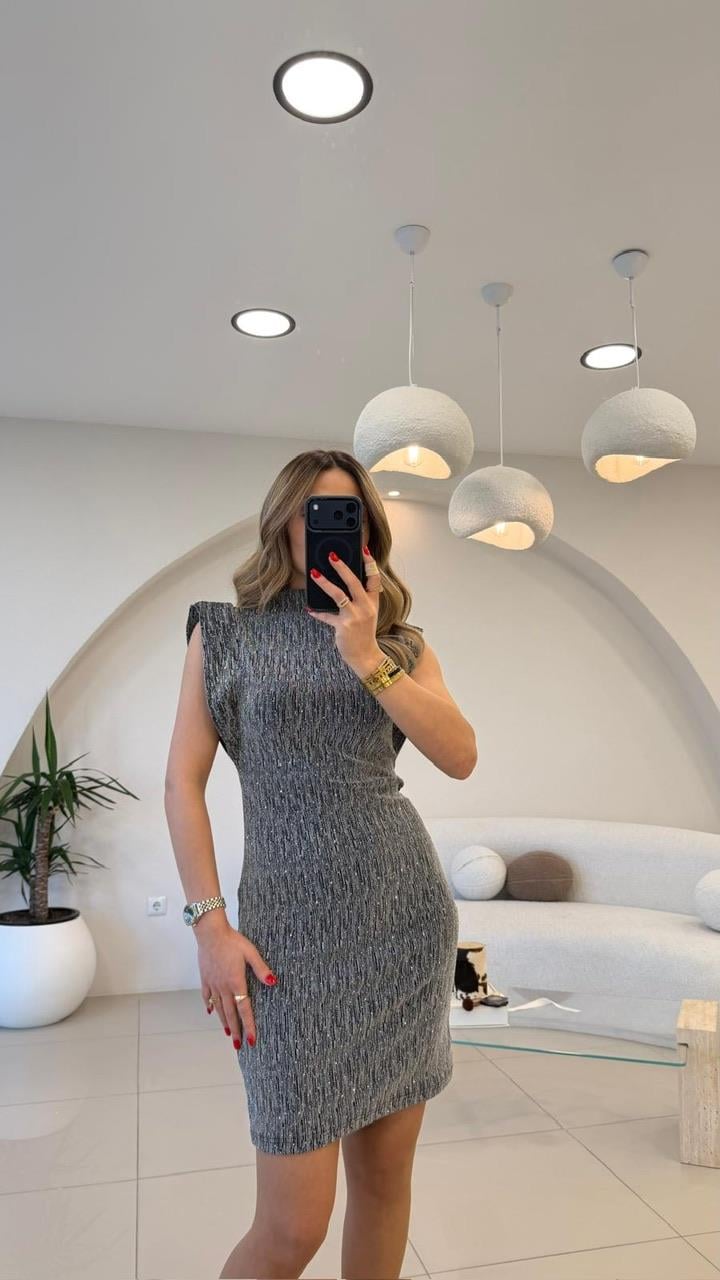 GRİ  FULL TAŞLI KOLSUZ MİNİ ELBİSE