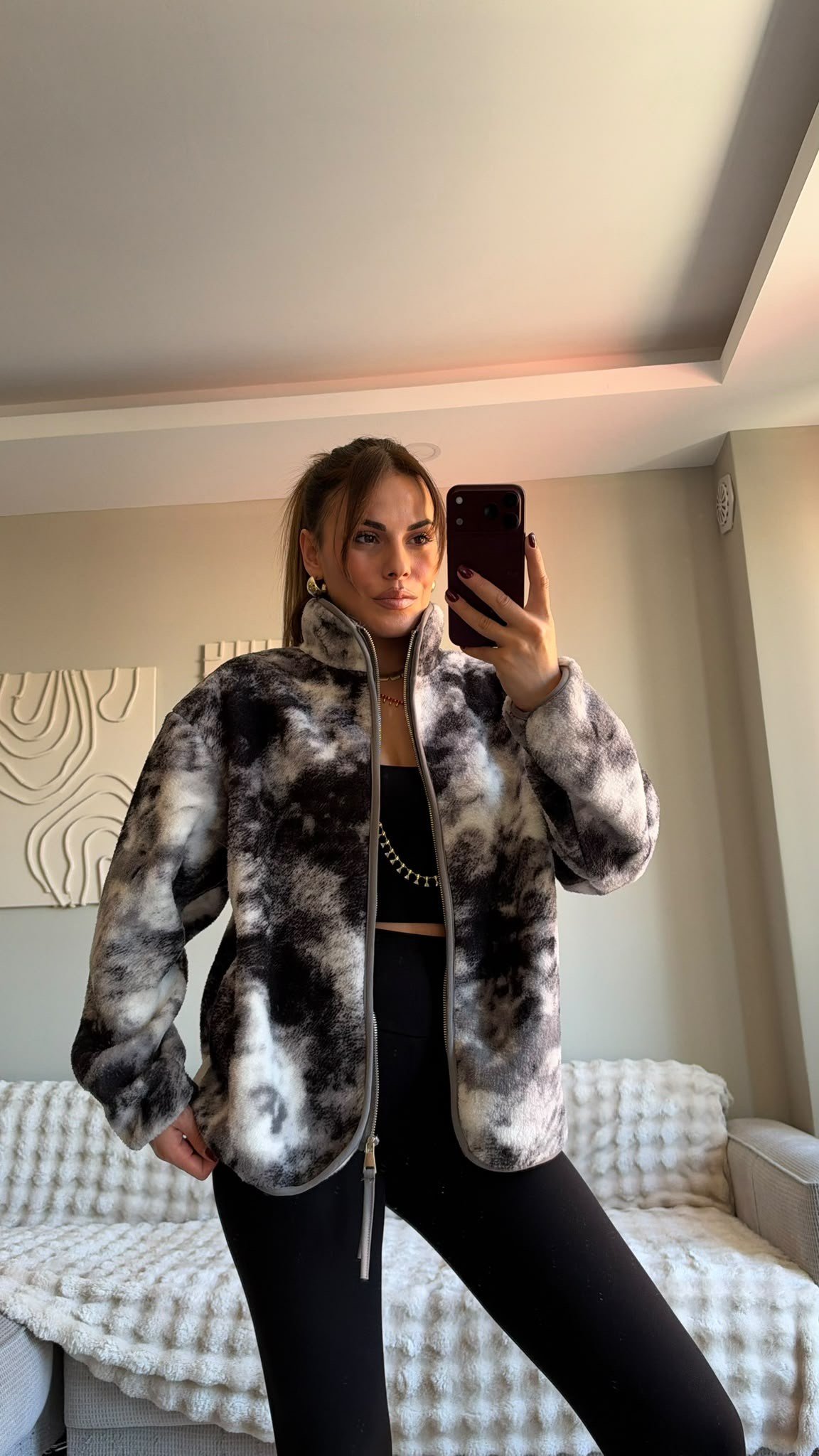 Gri Siyah Desenli Fermuarlı Peluş Ceket