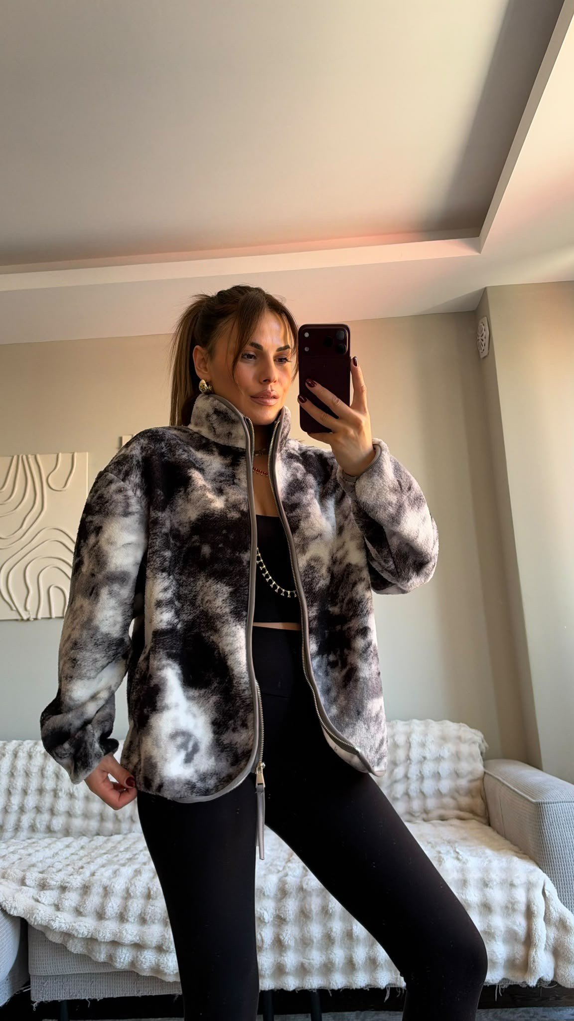 Gri Siyah Desenli Fermuarlı Peluş Ceket