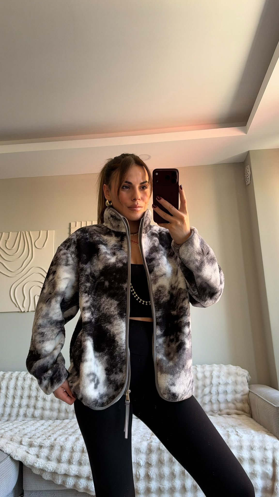 Gri Siyah Desenli Fermuarlı Peluş Ceket