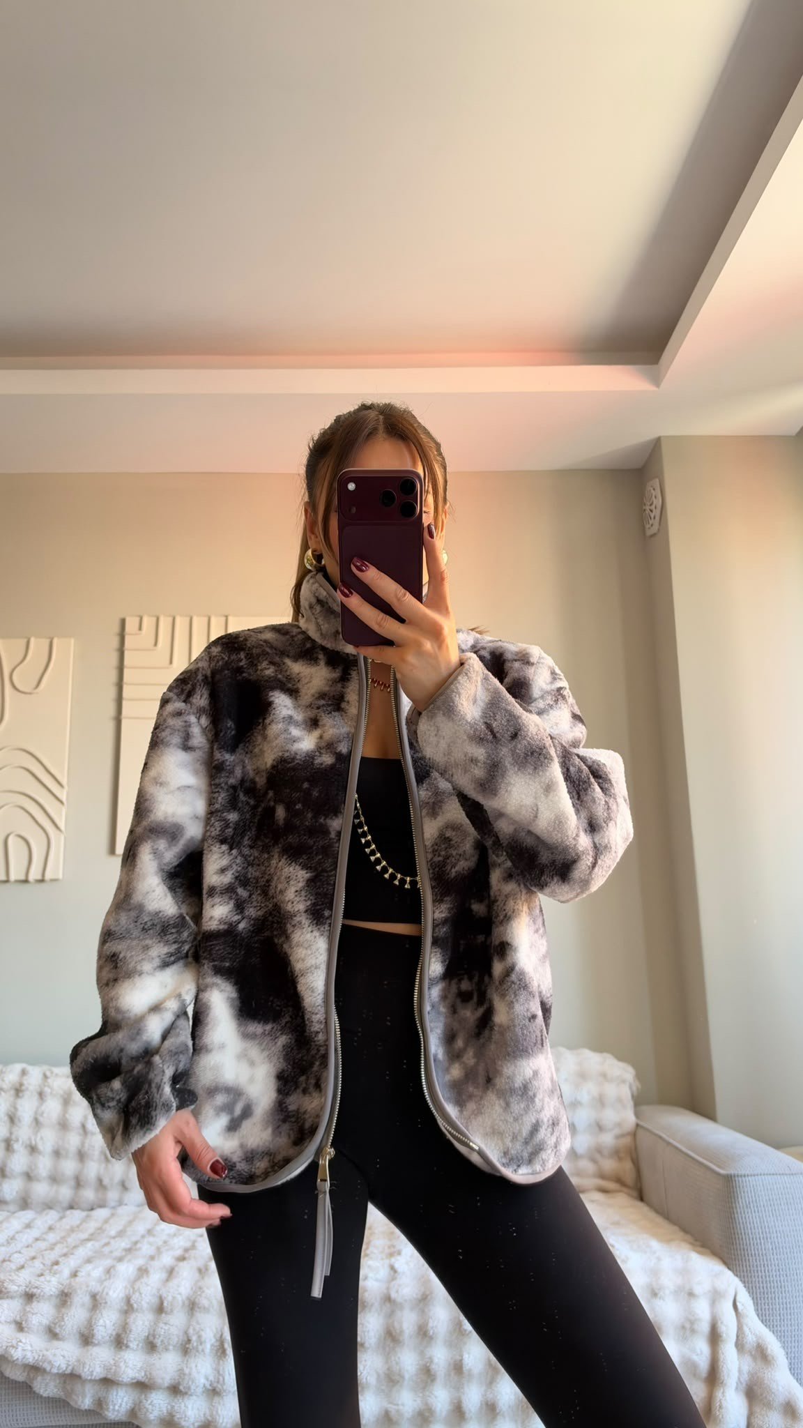 Gri Siyah Desenli Fermuarlı Peluş Ceket